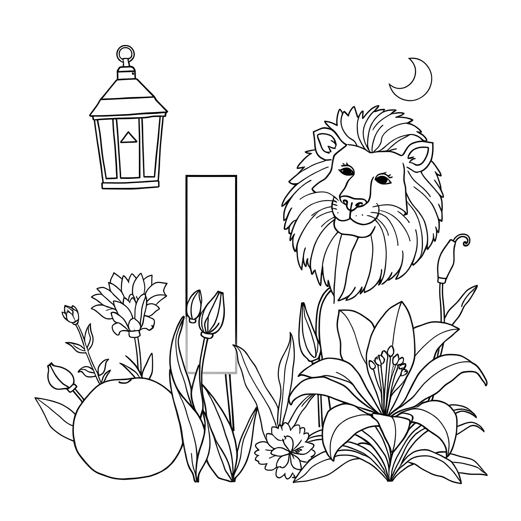 Lion's Lively Landscape with Lantern Coloring Page (free black-and-white line drawing printable PDF for all, from beginners to advanced learners, including children, teens, adults, and seniors)
