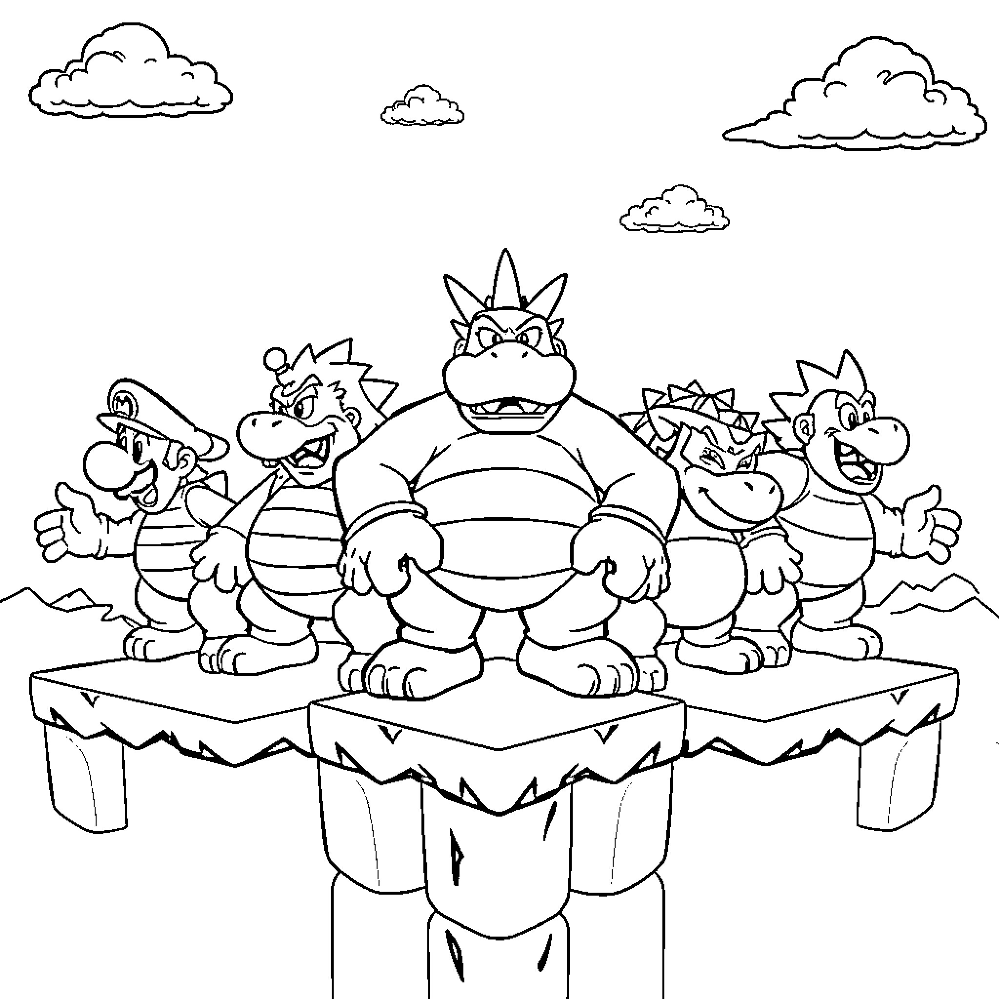 Boss Koopa characters standing together on a rocky ledge Coloring Page (free black-and-white line drawing printable PDF for all, from beginners to advanced learners, including children, teens, adults, and seniors)