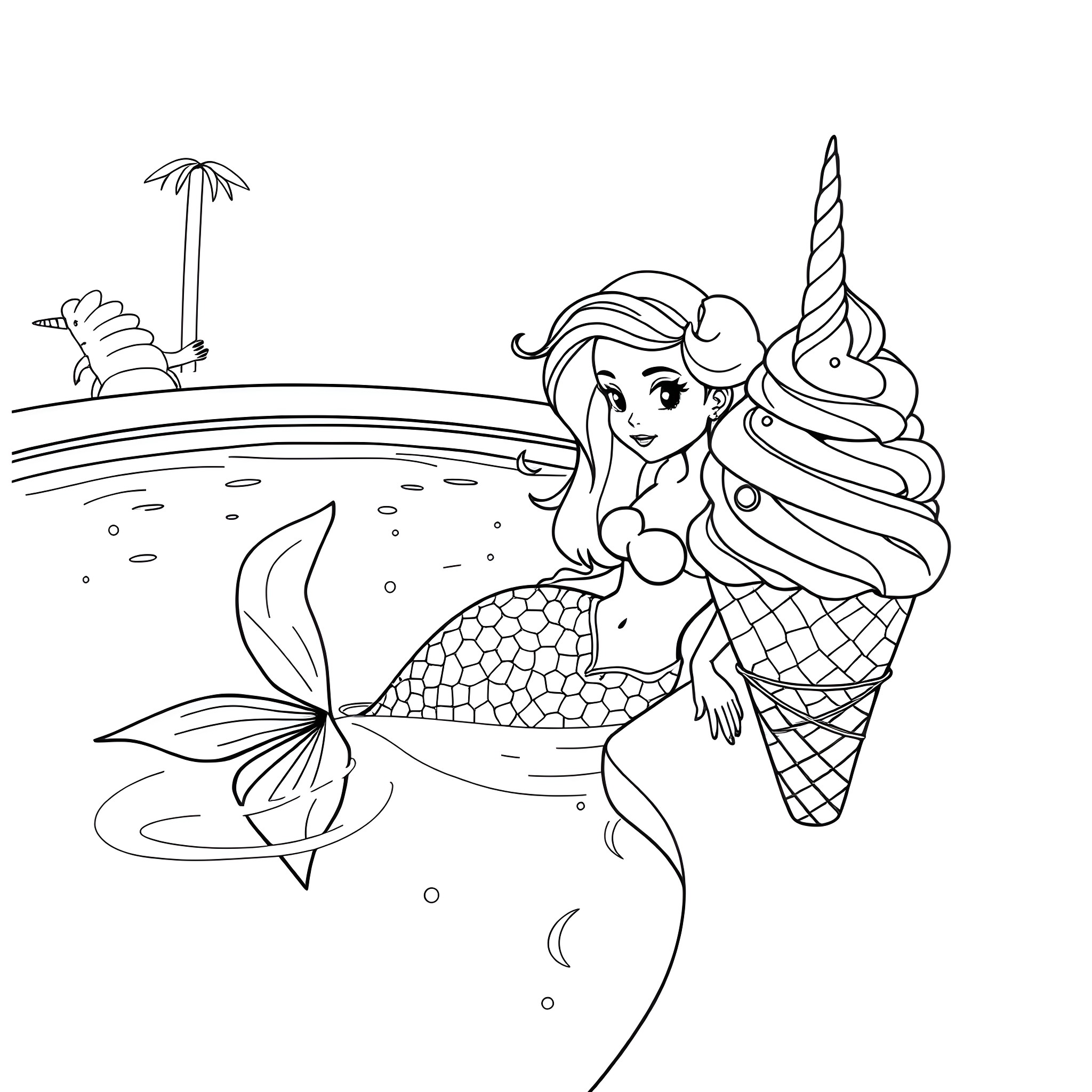 Mermaid enjoying ice cream by the beach Coloring Page (free black-and-white line drawing printable PDF for all, from beginners to advanced learners, including children, teens, adults, and seniors)