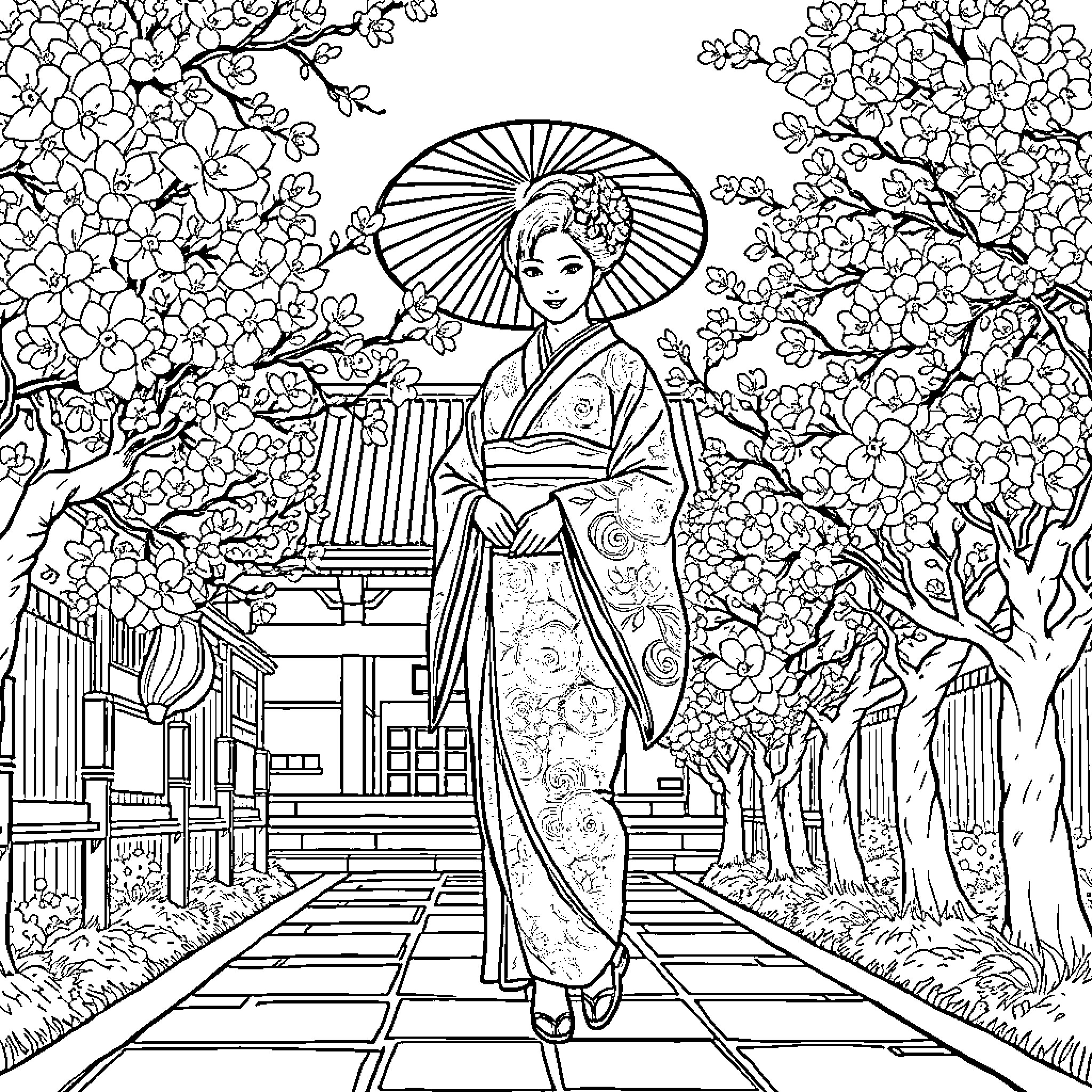 Geisha in a floral garden with umbrella Coloring Page (free black-and-white line drawing printable PDF for all, from beginners to advanced learners, including children, teens, adults, and seniors)