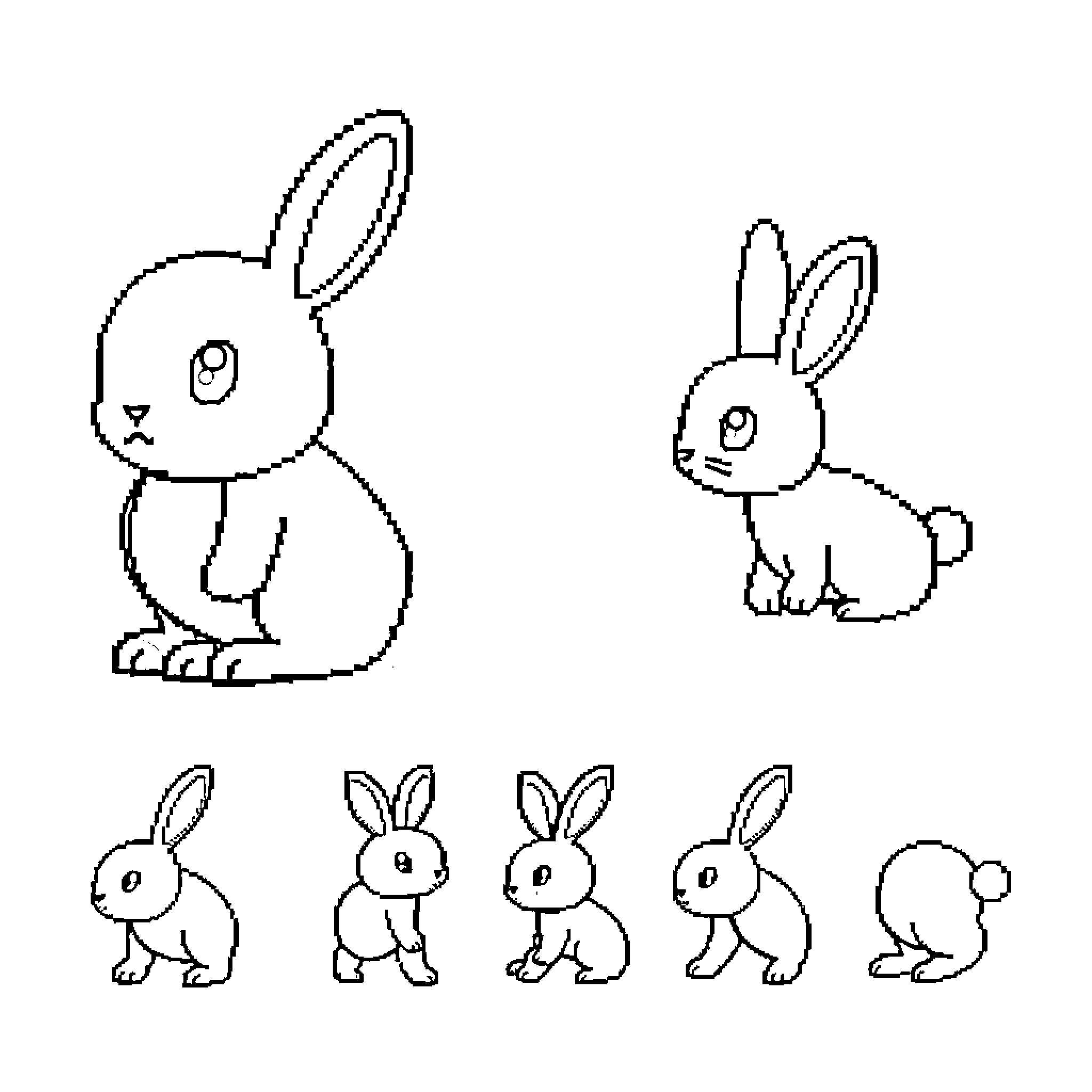 Rabbit Sketches Depicting Various Poses and Expressions Coloring Page (free black-and-white line drawing printable PDF for all, from beginners to advanced learners, including children, teens, adults, and seniors)