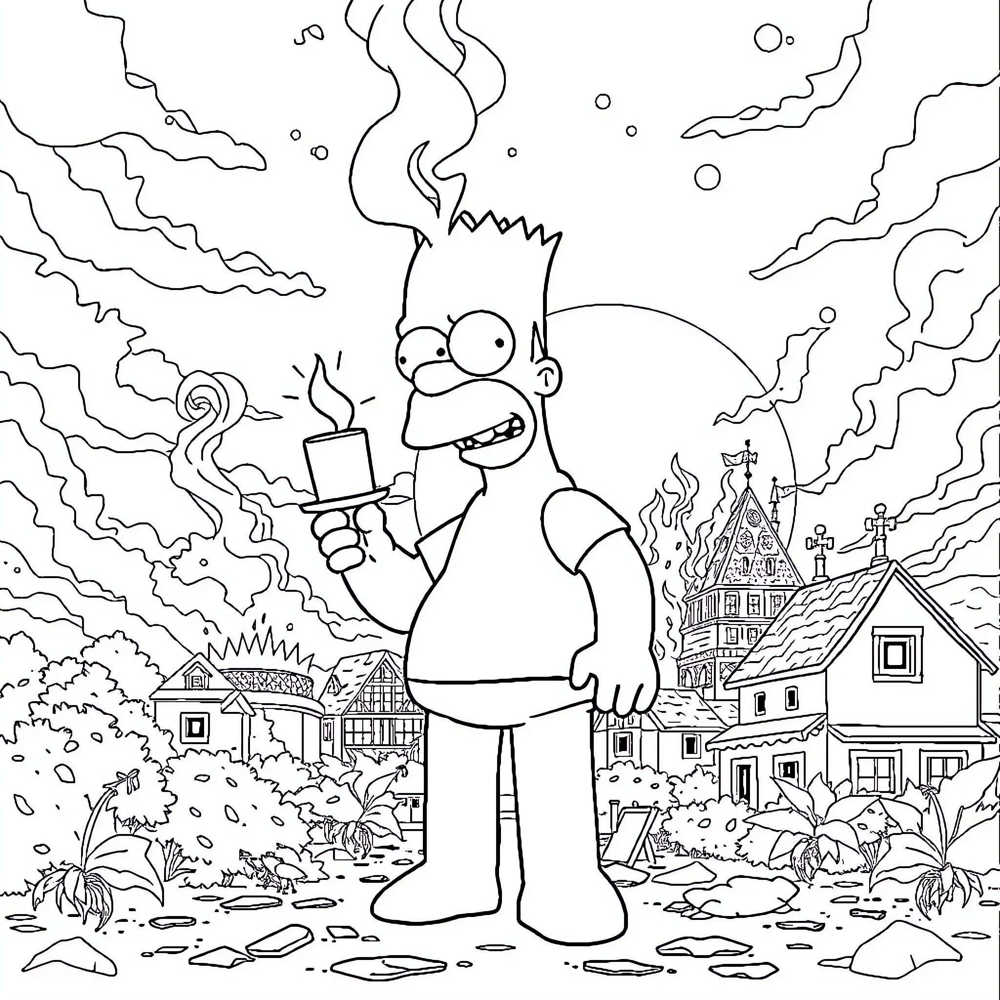 Homer's Explosive Antics in the Neighborhood Coloring Page (free black-and-white line drawing printable PDF for all, from beginners to advanced learners, including children, teens, adults, and seniors)
