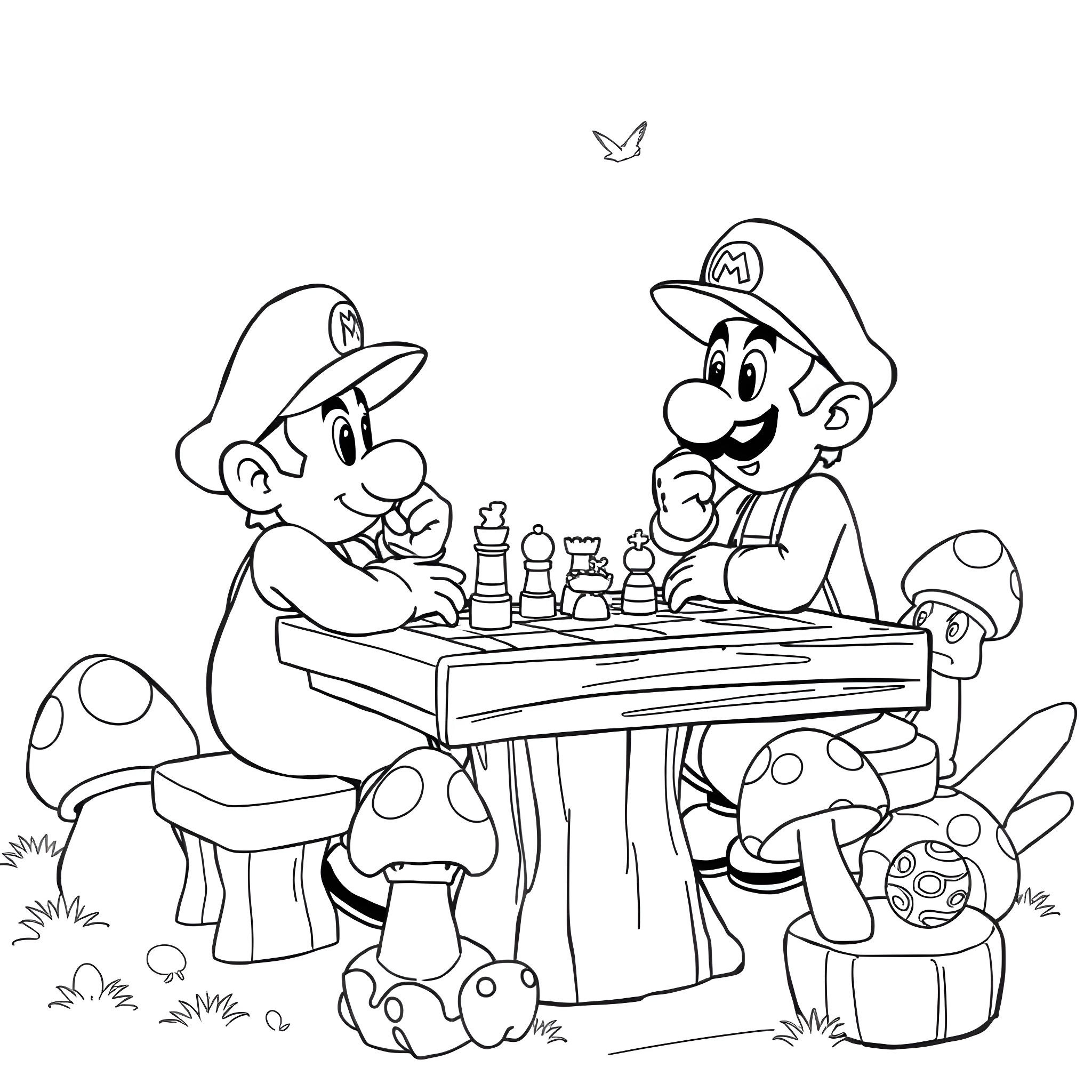 Mario and Luigi playing chess in the mushroom kingdom Coloring Page (free black-and-white line drawing printable PDF for all, from beginners to advanced learners, including children, teens, adults, and seniors)