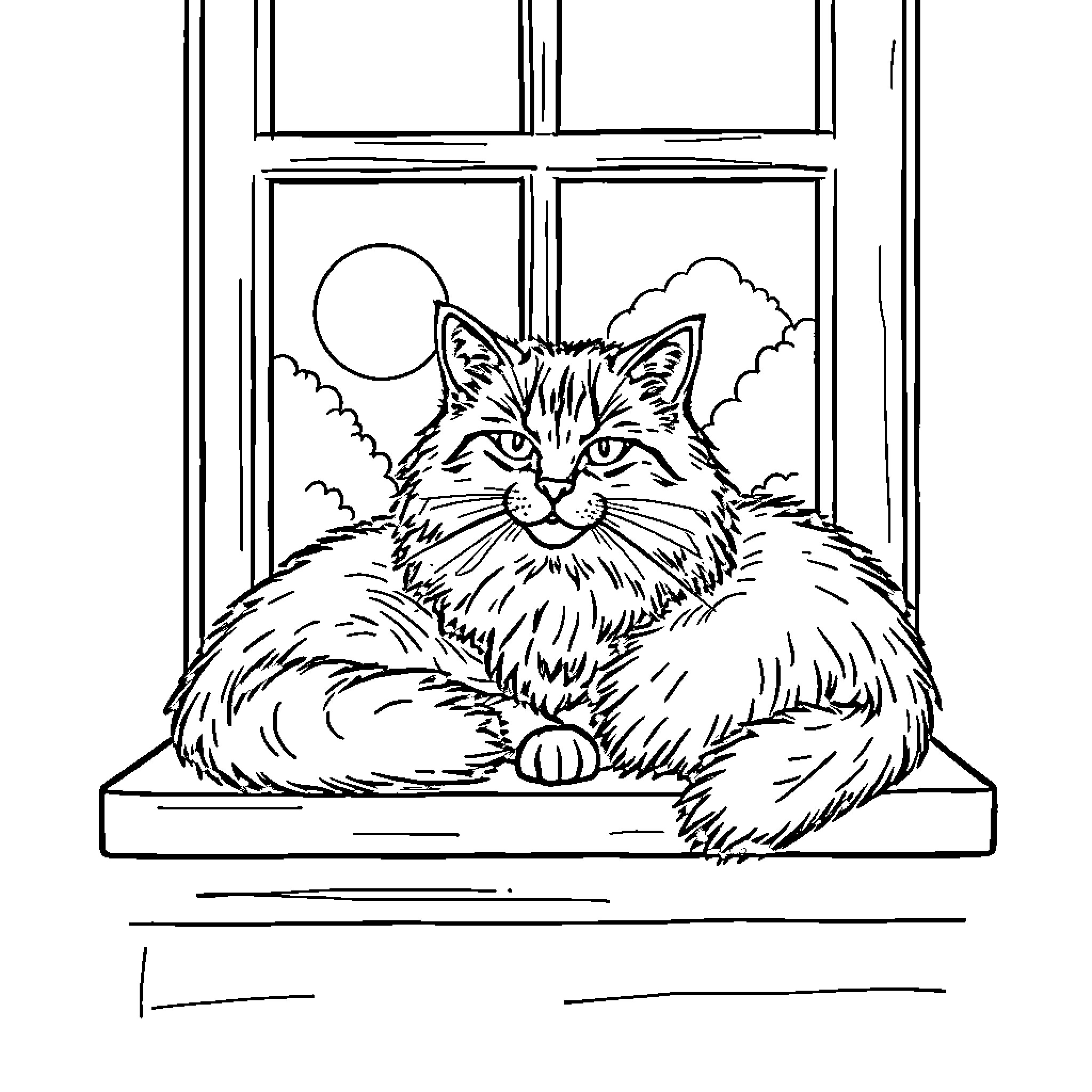 Cat relaxing peacefully in the window Coloring Page (free black-and-white line drawing printable PDF for all, from beginners to advanced learners, including children, teens, adults, and seniors)