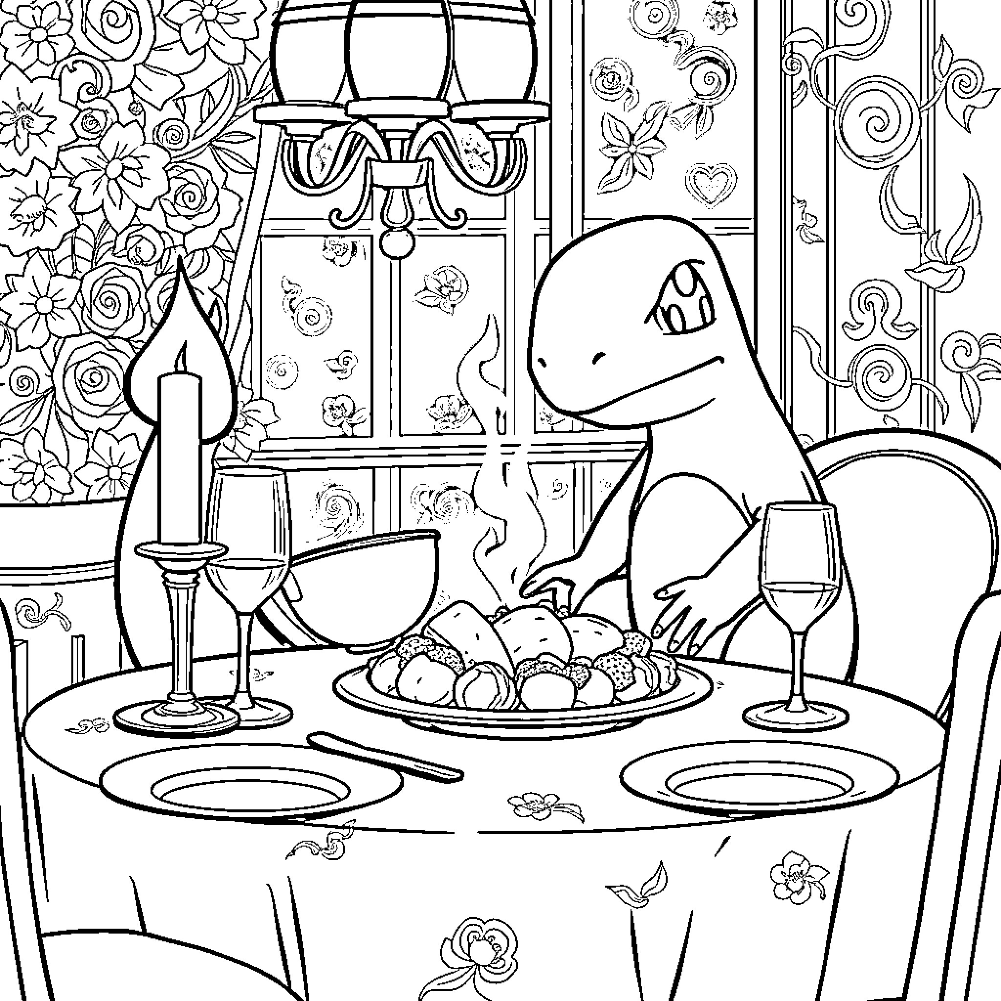 Charmander enjoying a meal with friends in a floral setting Coloring Page (free black-and-white line drawing printable PDF for all, from beginners to advanced learners, including children, teens, adults, and seniors)