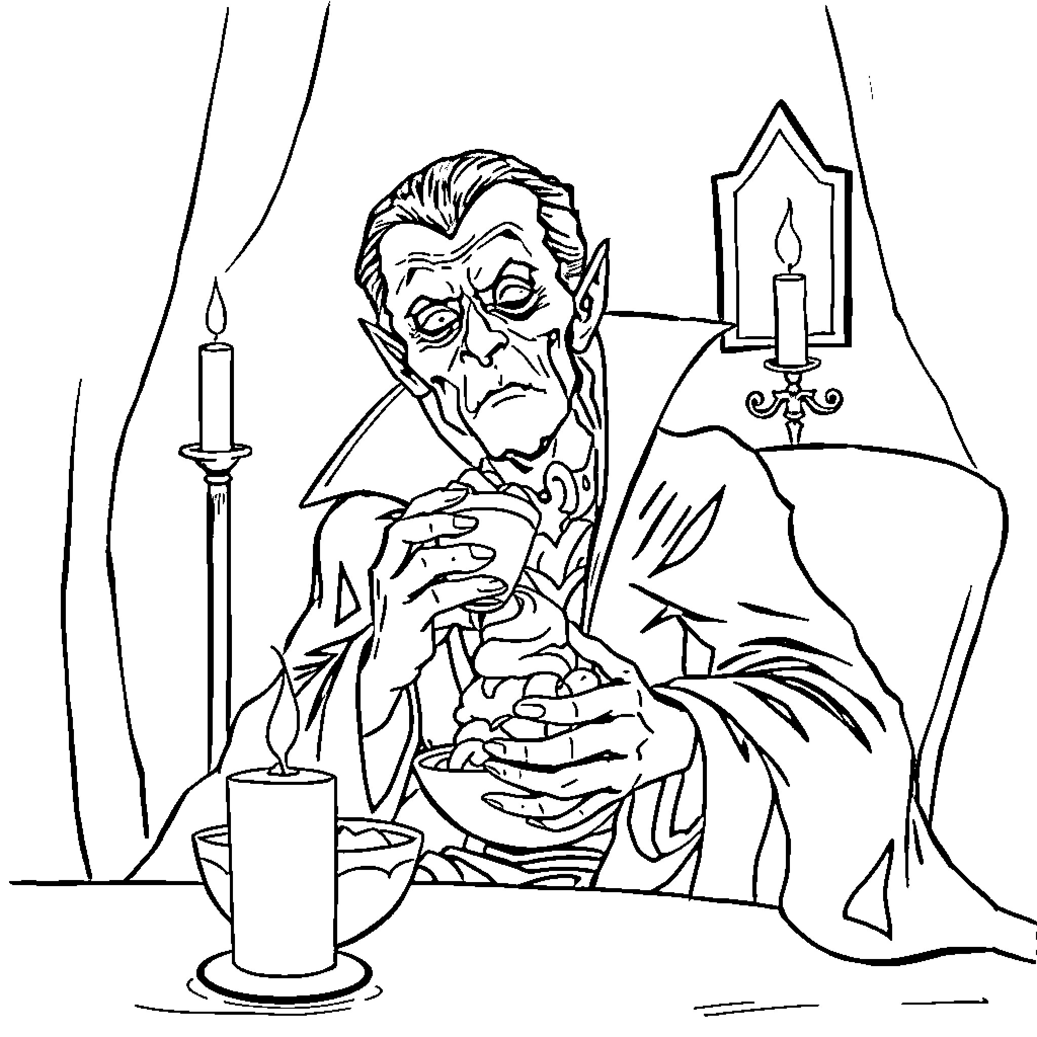 Dracula contemplating sinister plans in his gothic abode Coloring Page (free black-and-white line drawing printable PDF for all, from beginners to advanced learners, including children, teens, adults, and seniors)