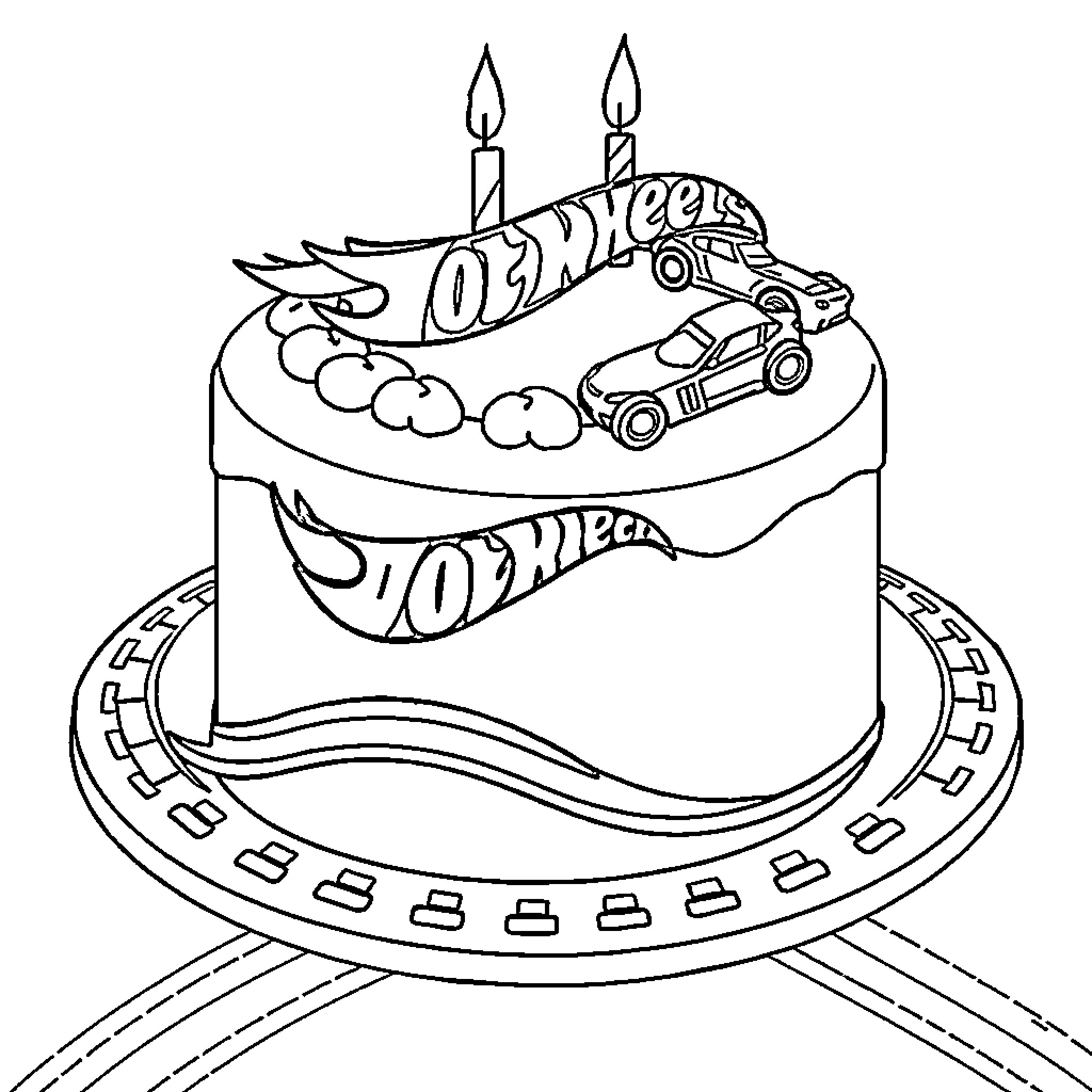 Cake with Hot Wheels toys and candles Coloring Page (free black-and-white line drawing printable PDF for all, from beginners to advanced learners, including children, teens, adults, and seniors)