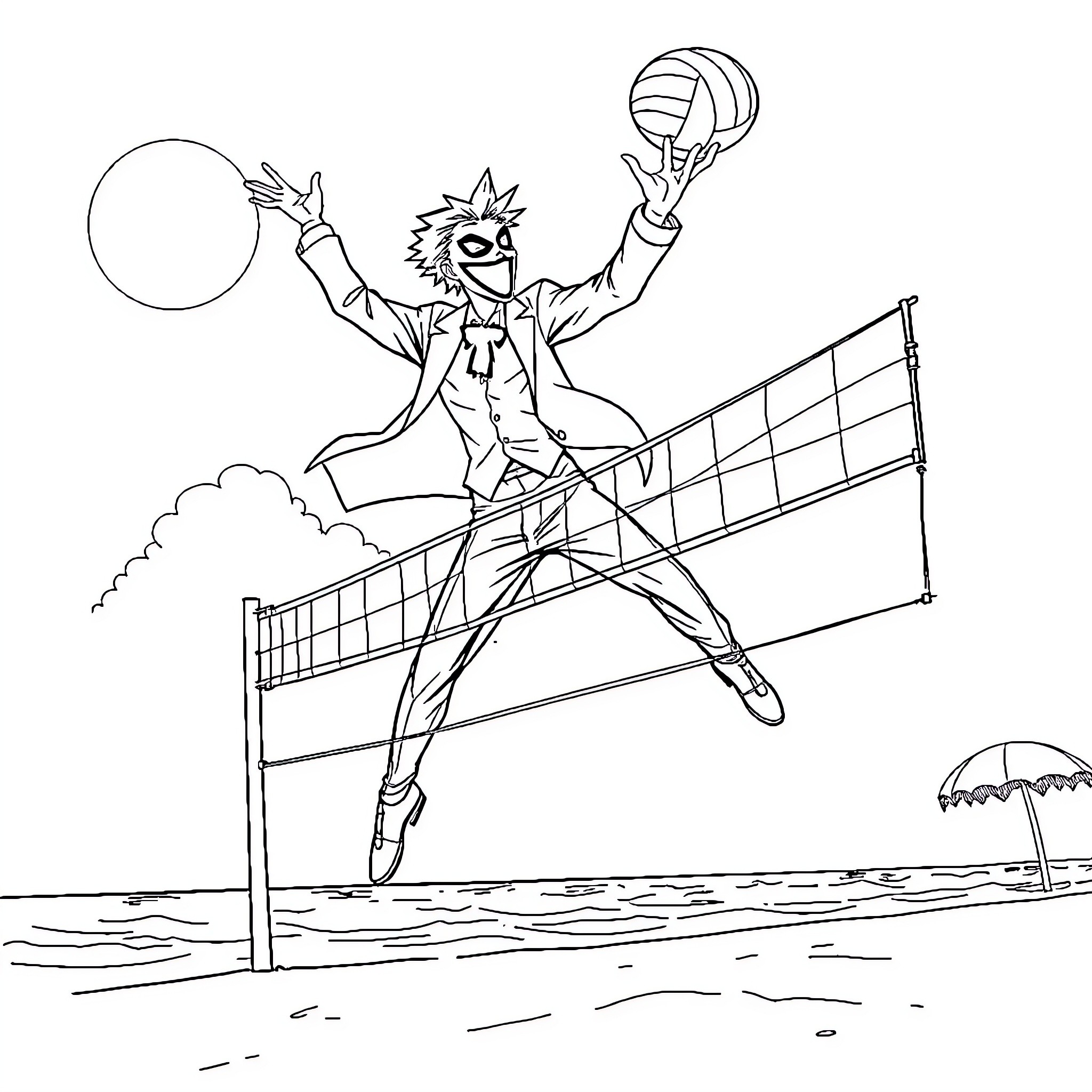 Joker playing volleyball on the beach Coloring Page (free black-and-white line drawing printable PDF for all, from beginners to advanced learners, including children, teens, adults, and seniors)