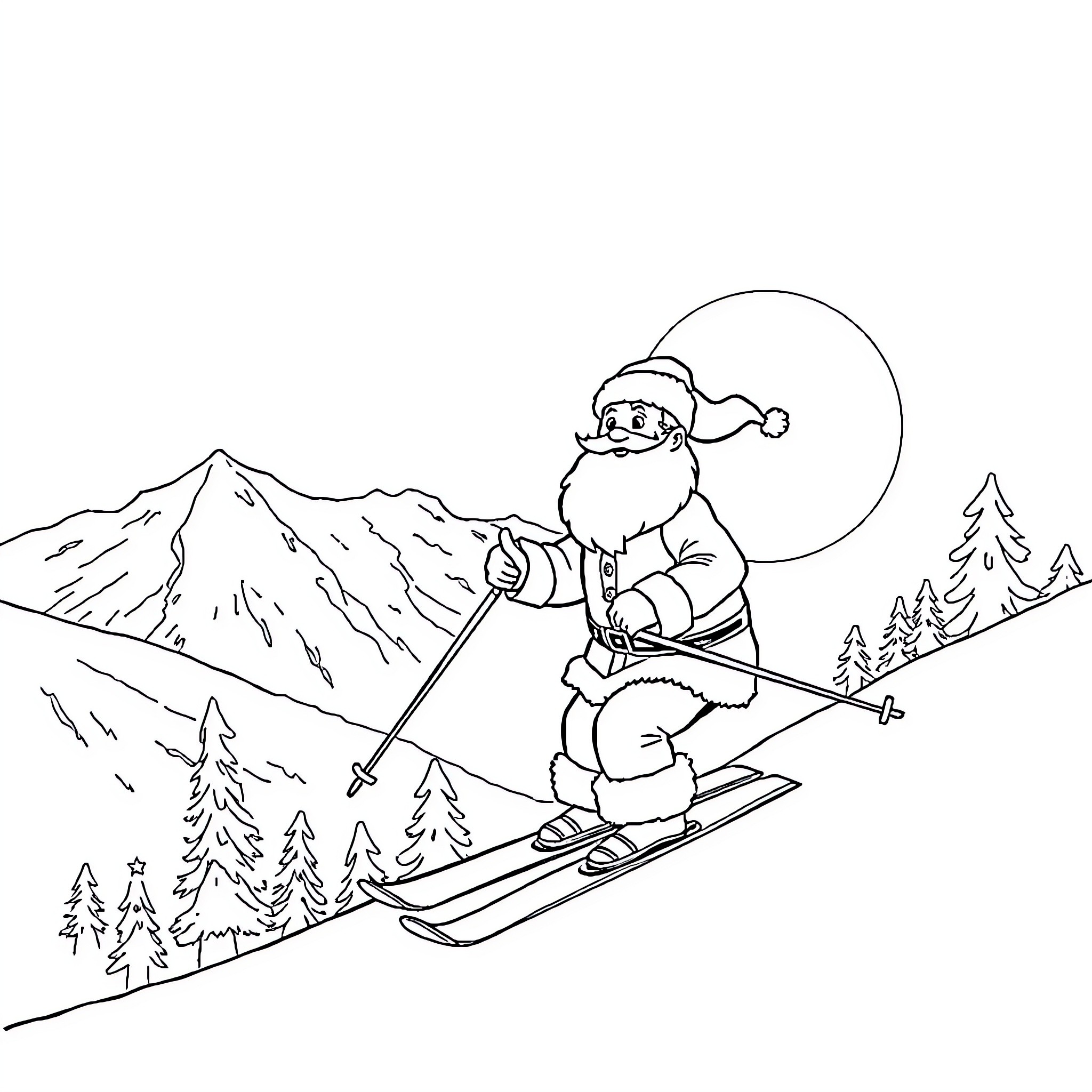 Santa skiing down the snowy mountain Coloring Page (free black-and-white line drawing printable PDF for all, from beginners to advanced learners, including children, teens, adults, and seniors)