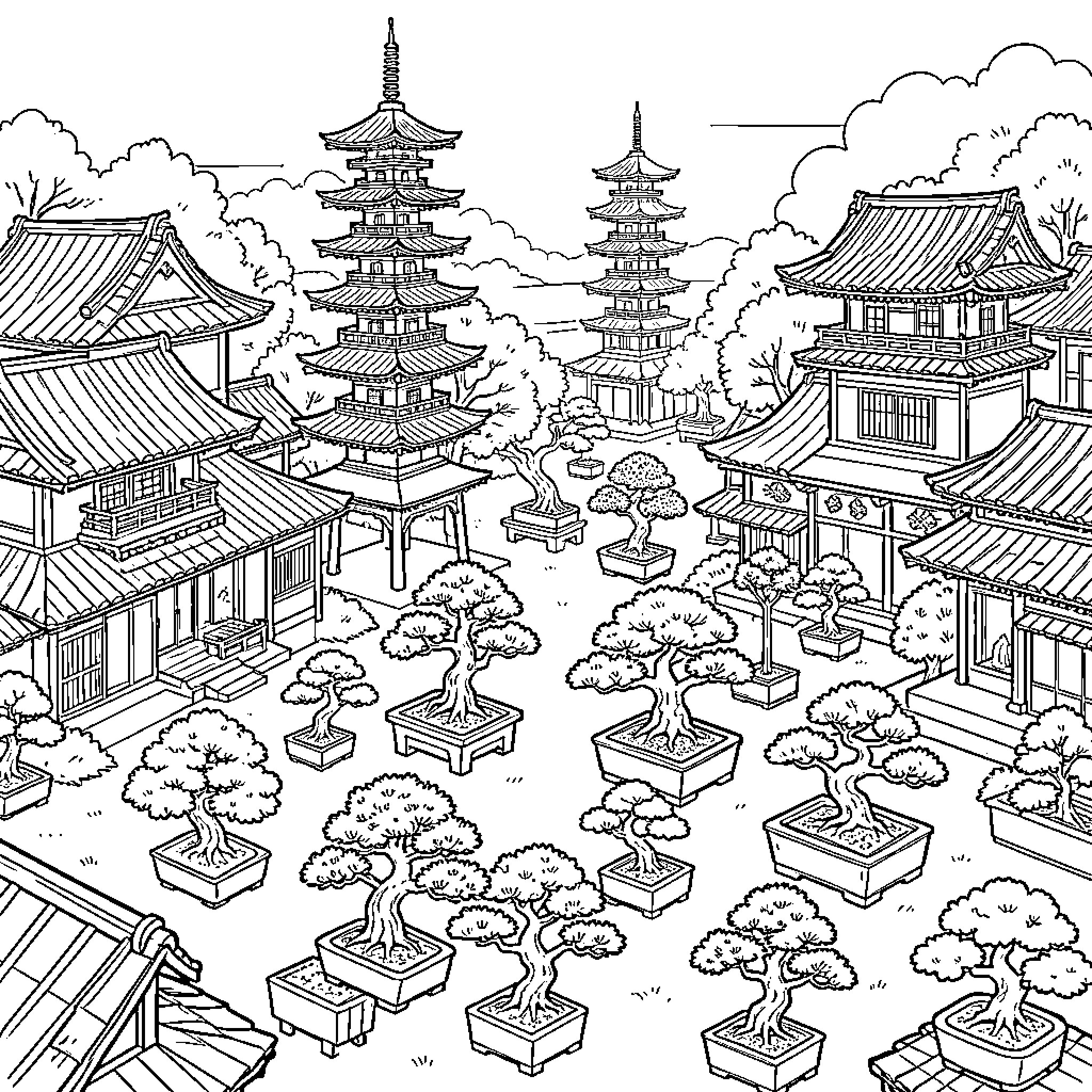 Bonsai trees decorating a serene traditional temple courtyard Coloring Page (free black-and-white line drawing printable PDF for all, from beginners to advanced learners, including children, teens, adults, and seniors)