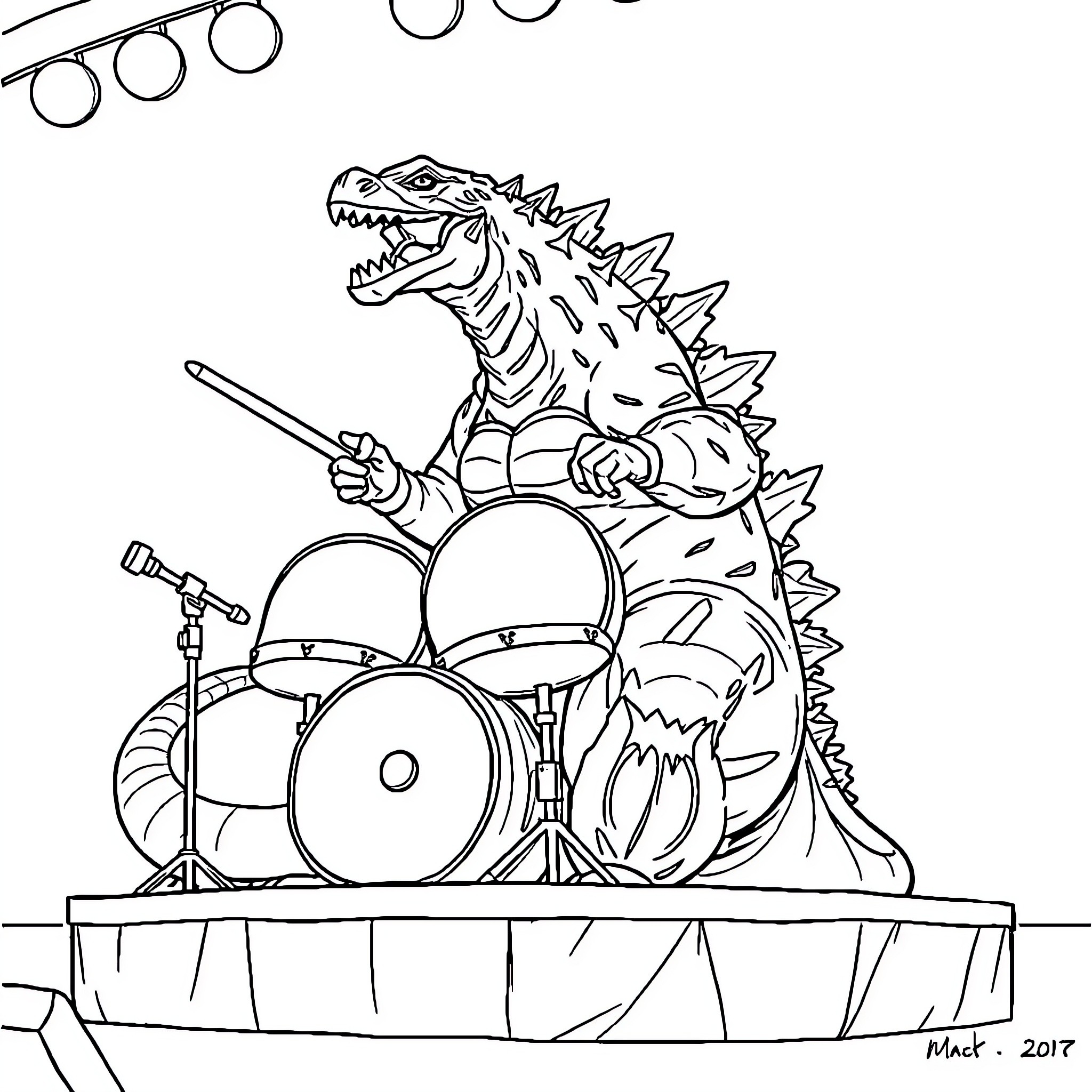 Godzilla playing the drums on stage Coloring Page (free black-and-white line drawing printable PDF for all, from beginners to advanced learners, including children, teens, adults, and seniors)
