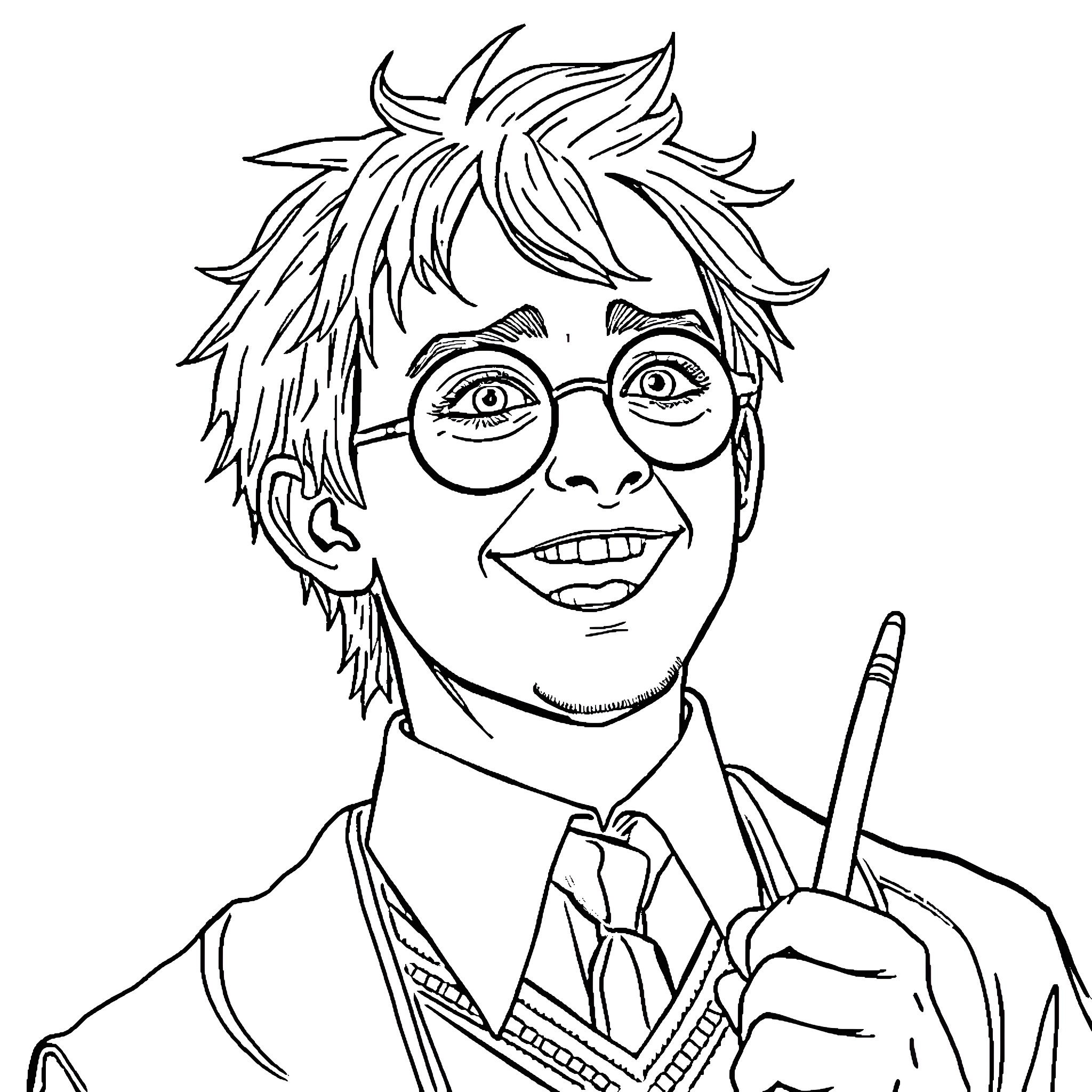 Draco Malfoy excitedly holding a magic wand Coloring Page (free black-and-white line drawing printable PDF for all, from beginners to advanced learners, including children, teens, adults, and seniors)