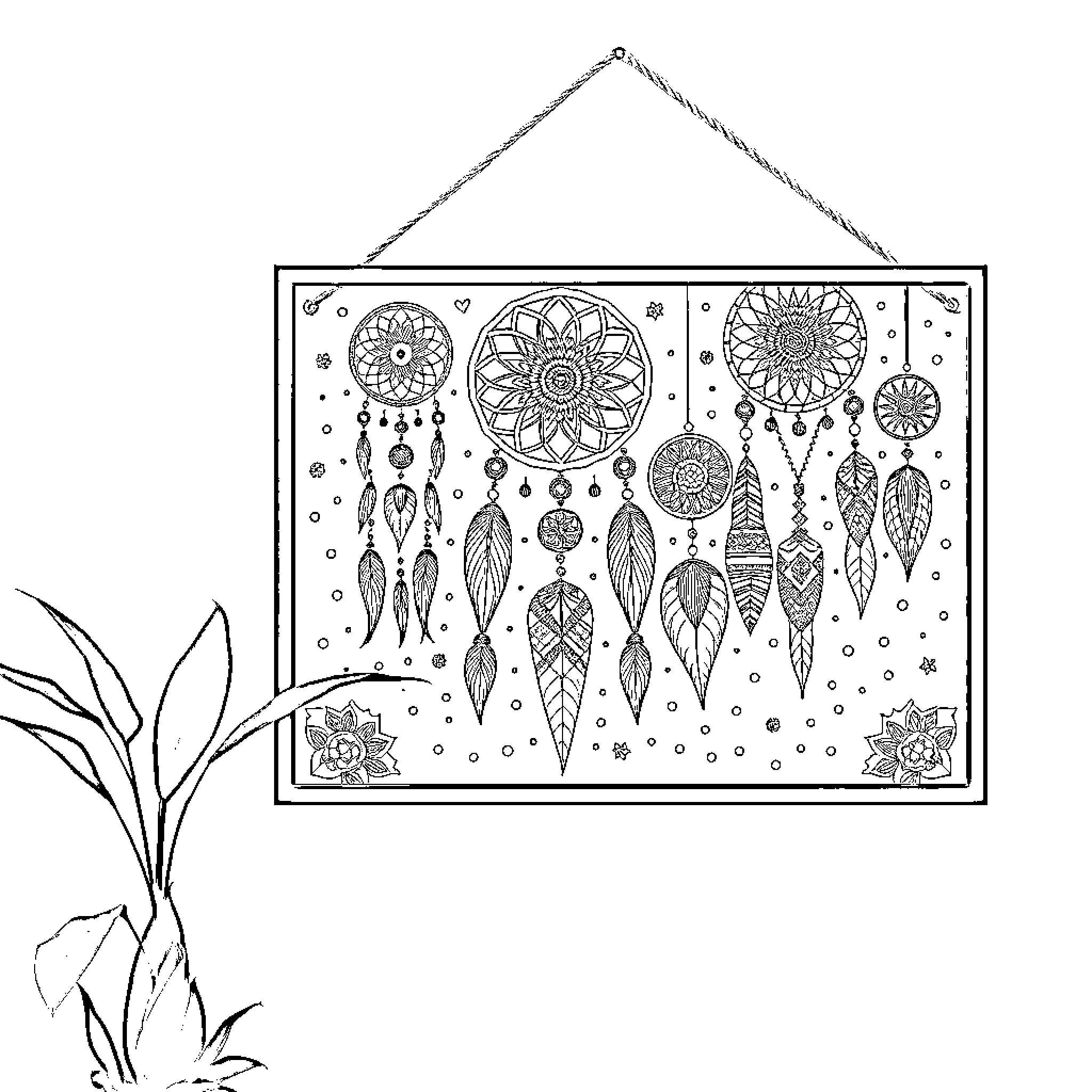 Wall Art with Intricate Dream Catchers Coloring Page (free black-and-white line drawing printable PDF for all, from beginners to advanced learners, including children, teens, adults, and seniors)