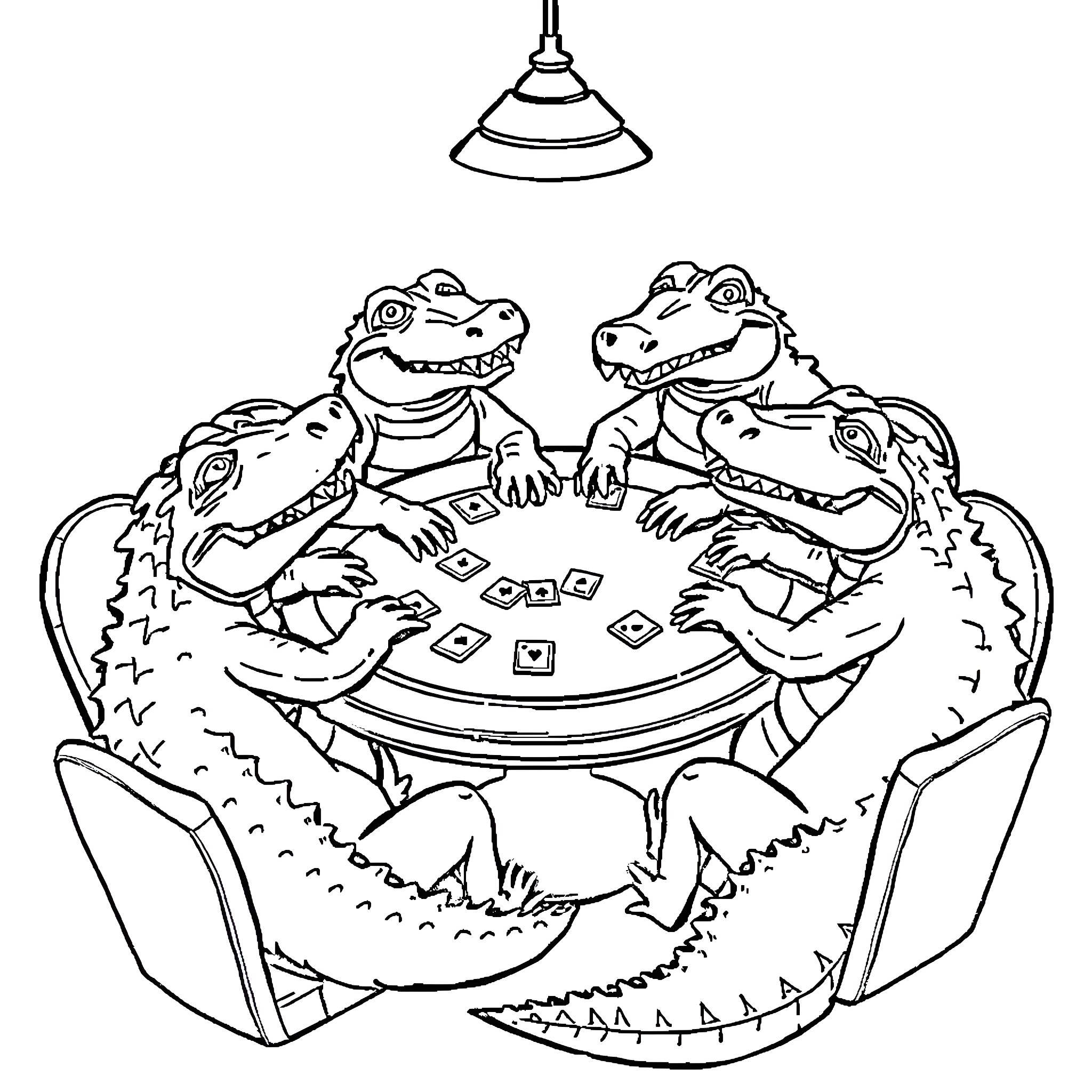 Alligators playing poker at a table Coloring Page (free black-and-white line drawing printable PDF for all, from beginners to advanced learners, including children, teens, adults, and seniors)
