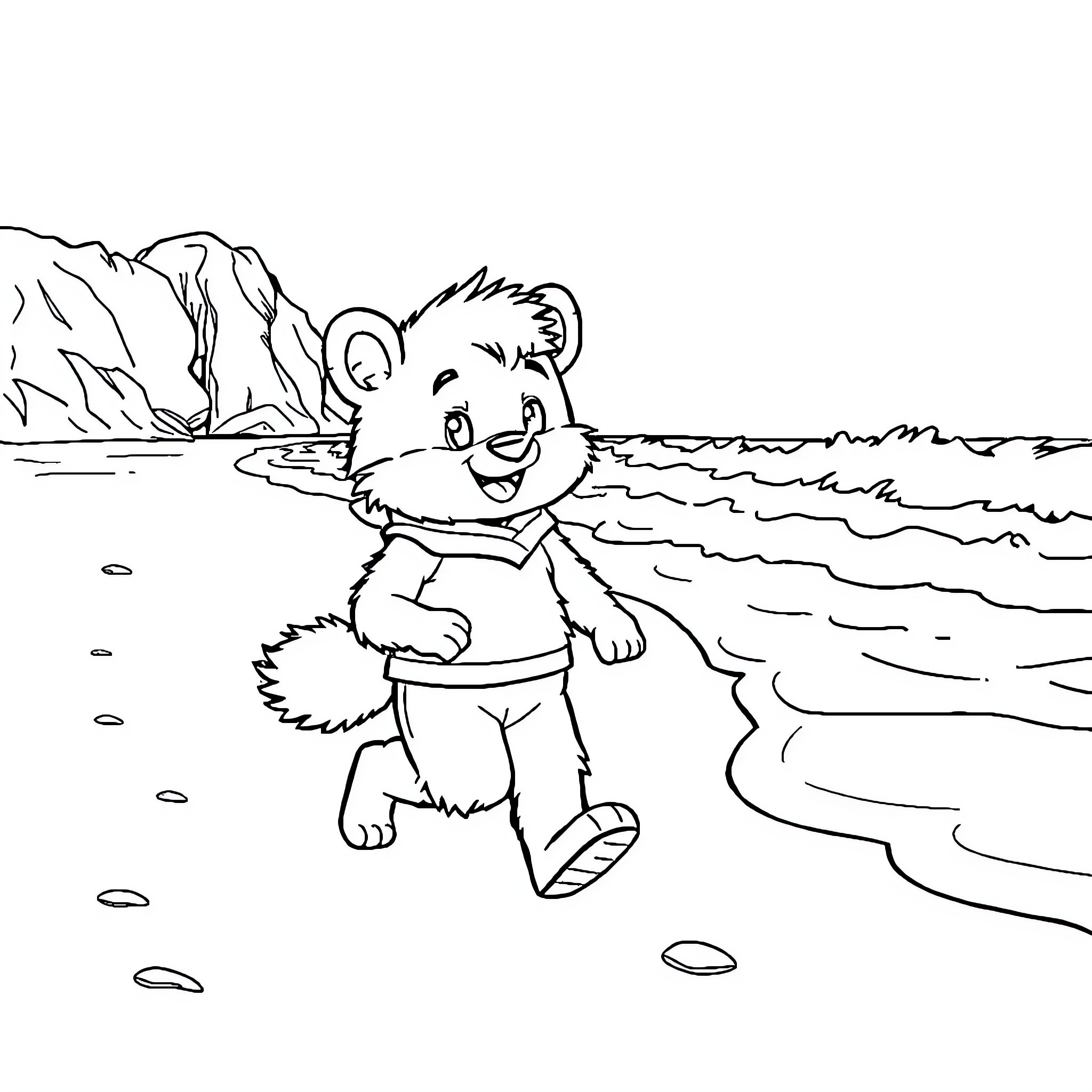 Boy playing joyfully near the waterfall Coloring Page (free black-and-white line drawing printable PDF for all, from beginners to advanced learners, including children, teens, adults, and seniors)