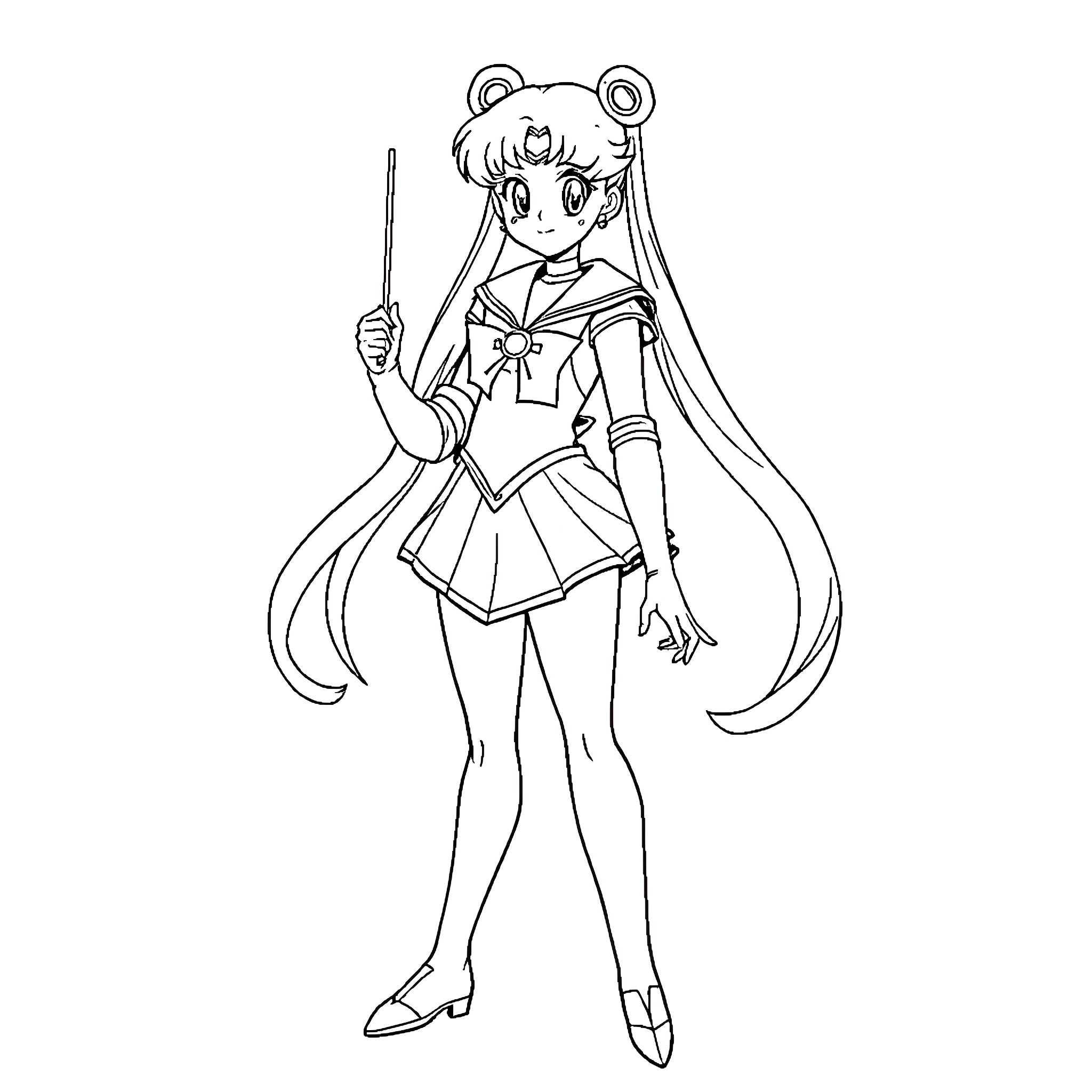 Sailor Moon in Iconic Pose with Magical Wand Coloring Page (free black-and-white line drawing printable PDF for all, from beginners to advanced learners, including children, teens, adults, and seniors)