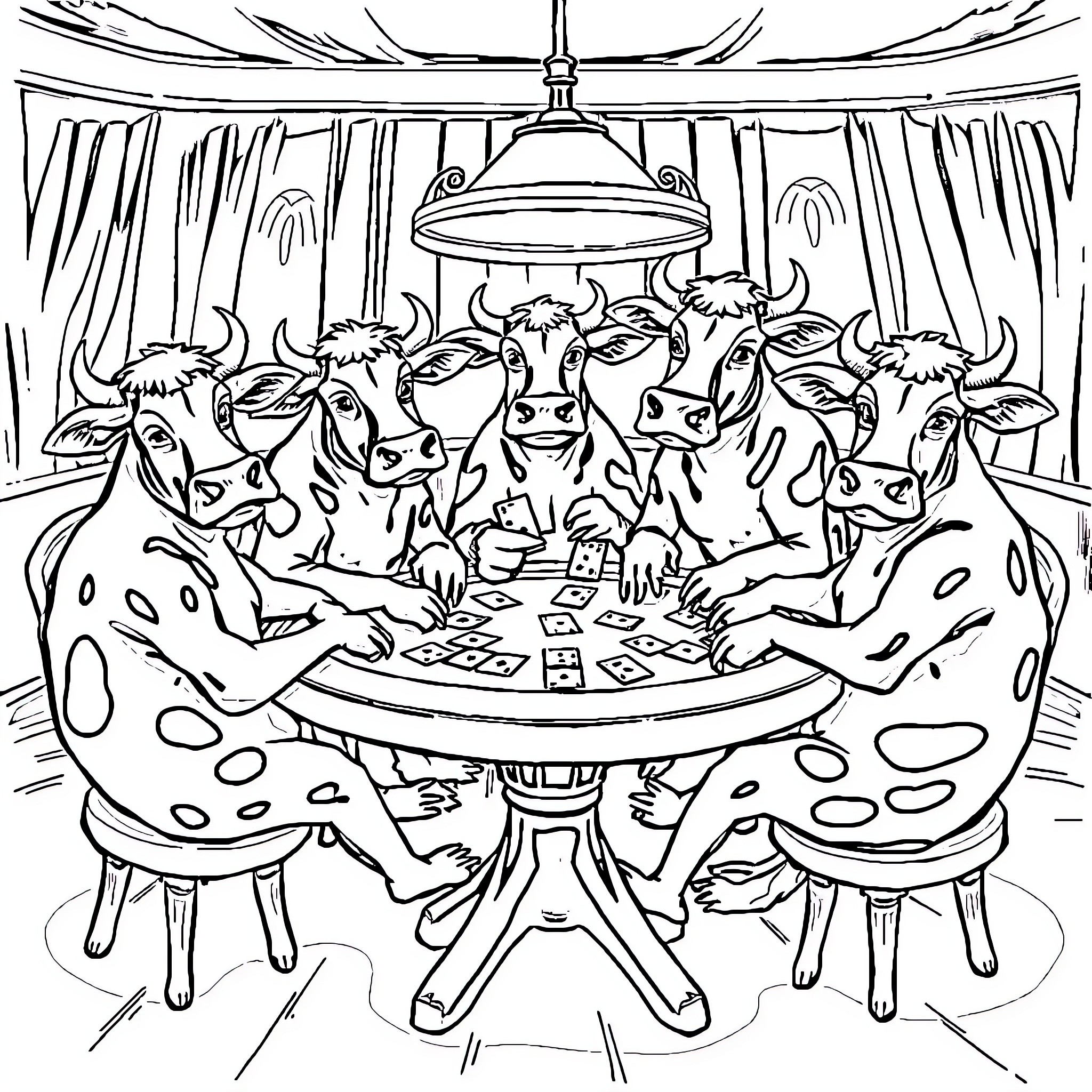 Cows playing card game in cozy interior Coloring Page (free black-and-white line drawing printable PDF for all, from beginners to advanced learners, including children, teens, adults, and seniors)