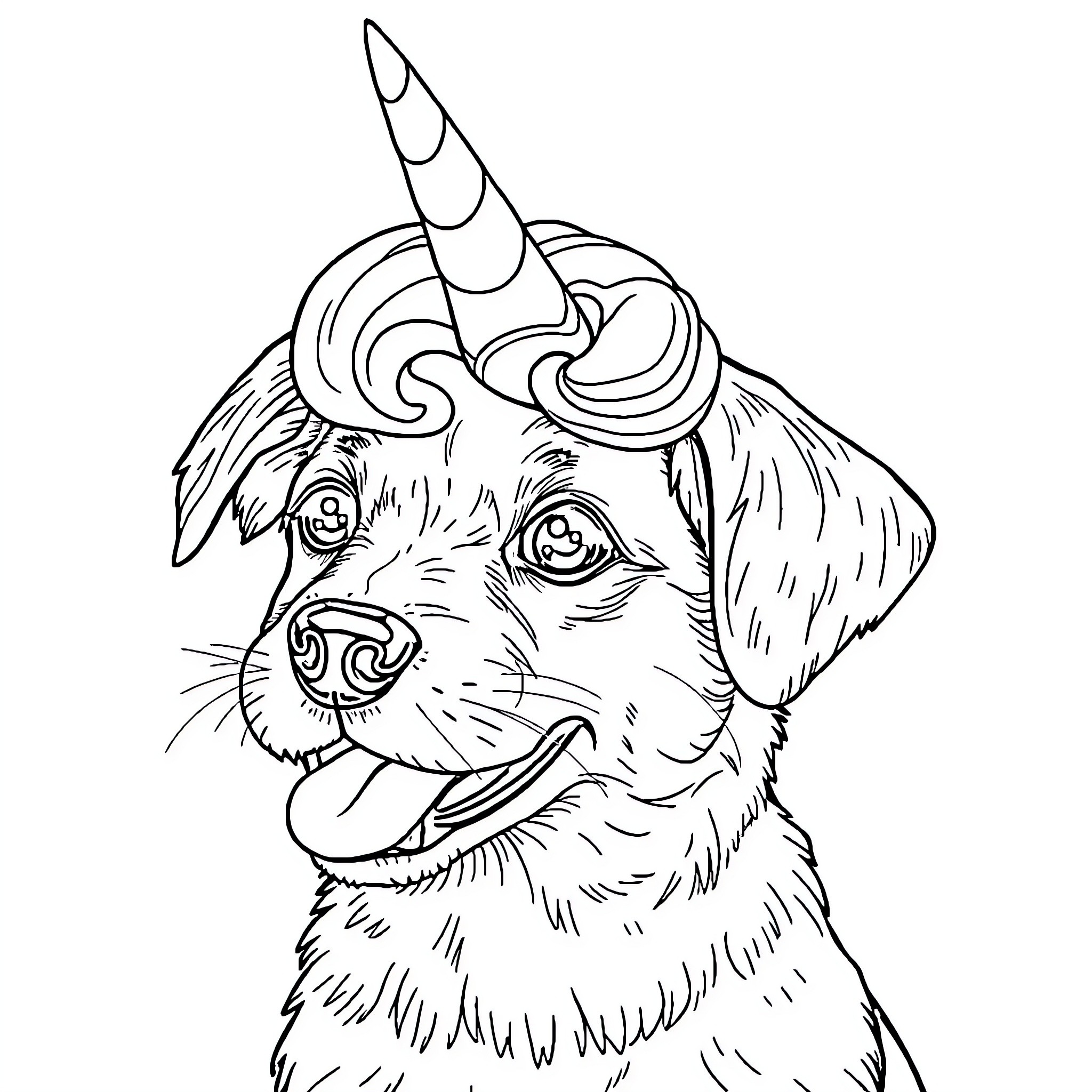 Dog wearing a unicorn horn and smiling Coloring Page (free black-and-white line drawing printable PDF for all, from beginners to advanced learners, including children, teens, adults, and seniors)