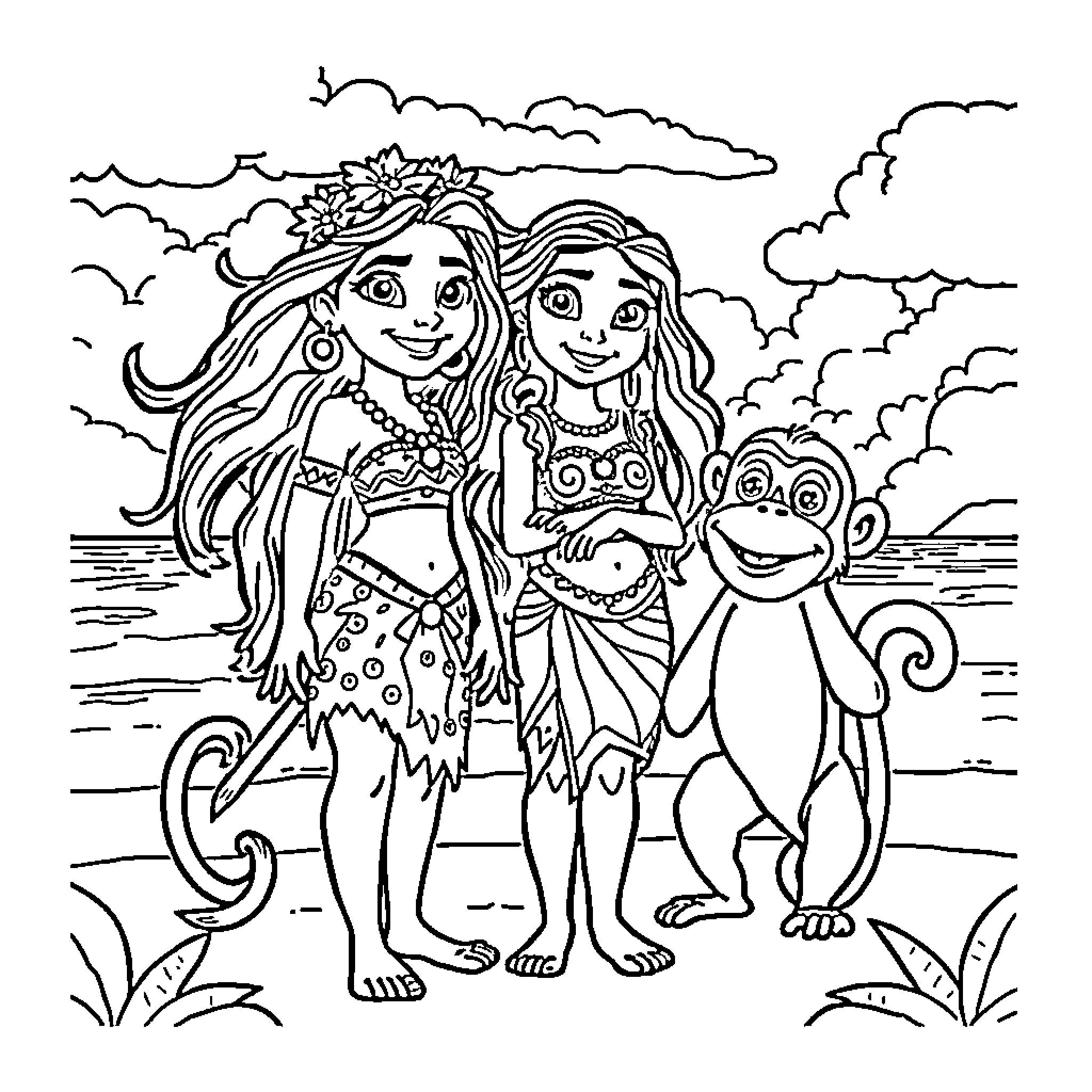 Vaiana's Adventure with Friends on the Beach Coloring Page (free black-and-white line drawing printable PDF for all, from beginners to advanced learners, including children, teens, adults, and seniors)