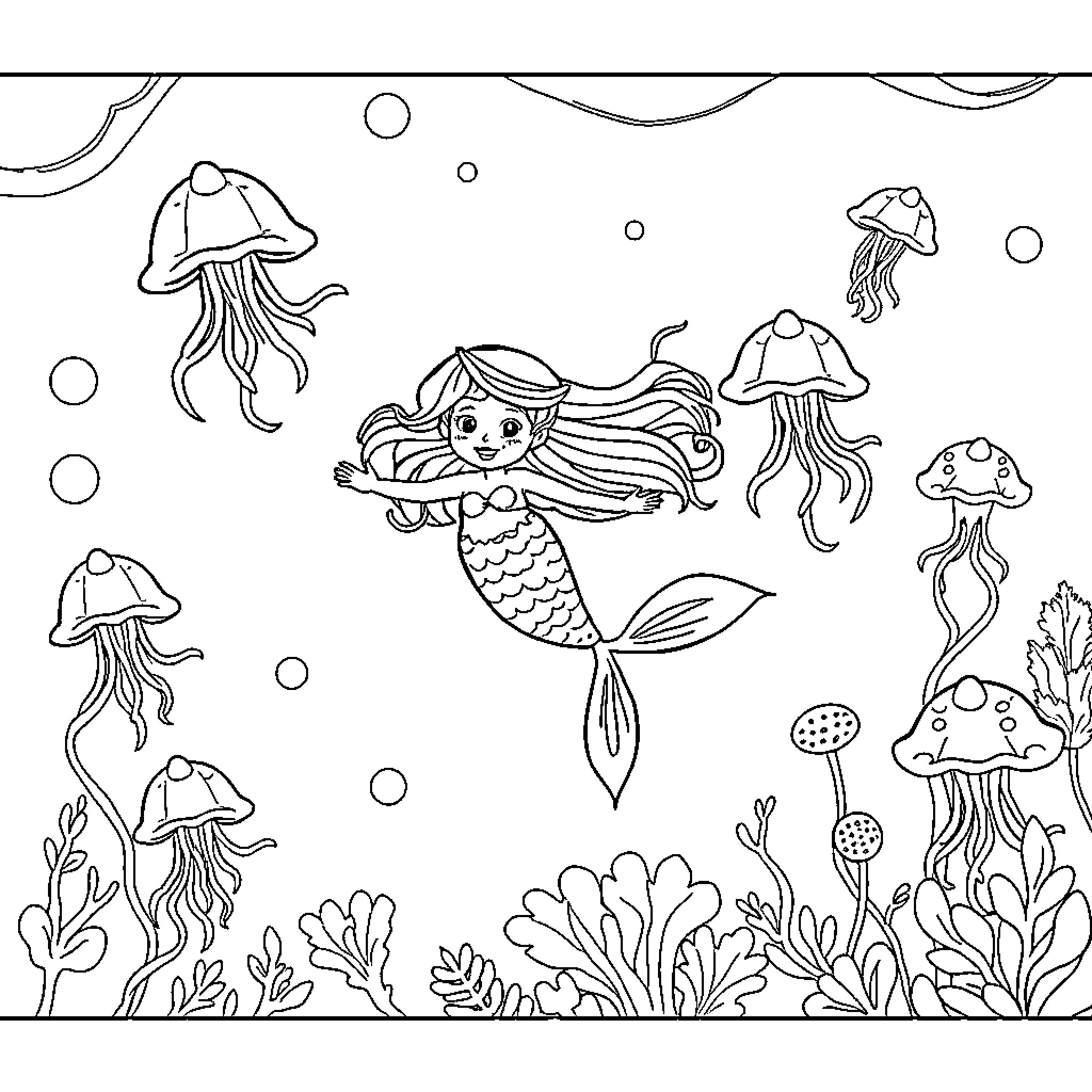 Mermaid swimming among jellyfish and seaweed Coloring Page (free black-and-white line drawing printable PDF for all, from beginners to advanced learners, including children, teens, adults, and seniors)