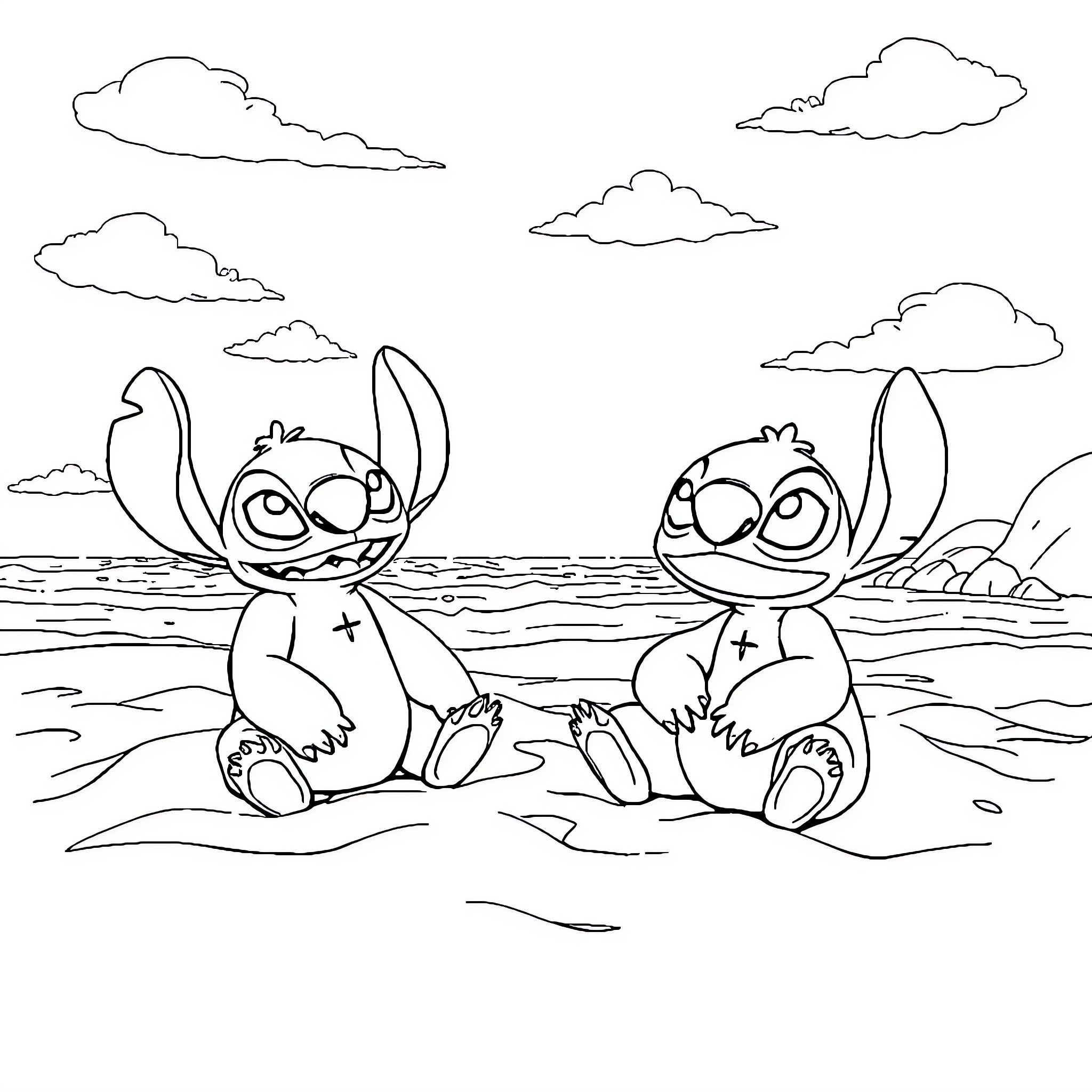 Lilo and Stitch playing on the beach Coloring Page (free black-and-white line drawing printable PDF for all, from beginners to advanced learners, including children, teens, adults, and seniors)