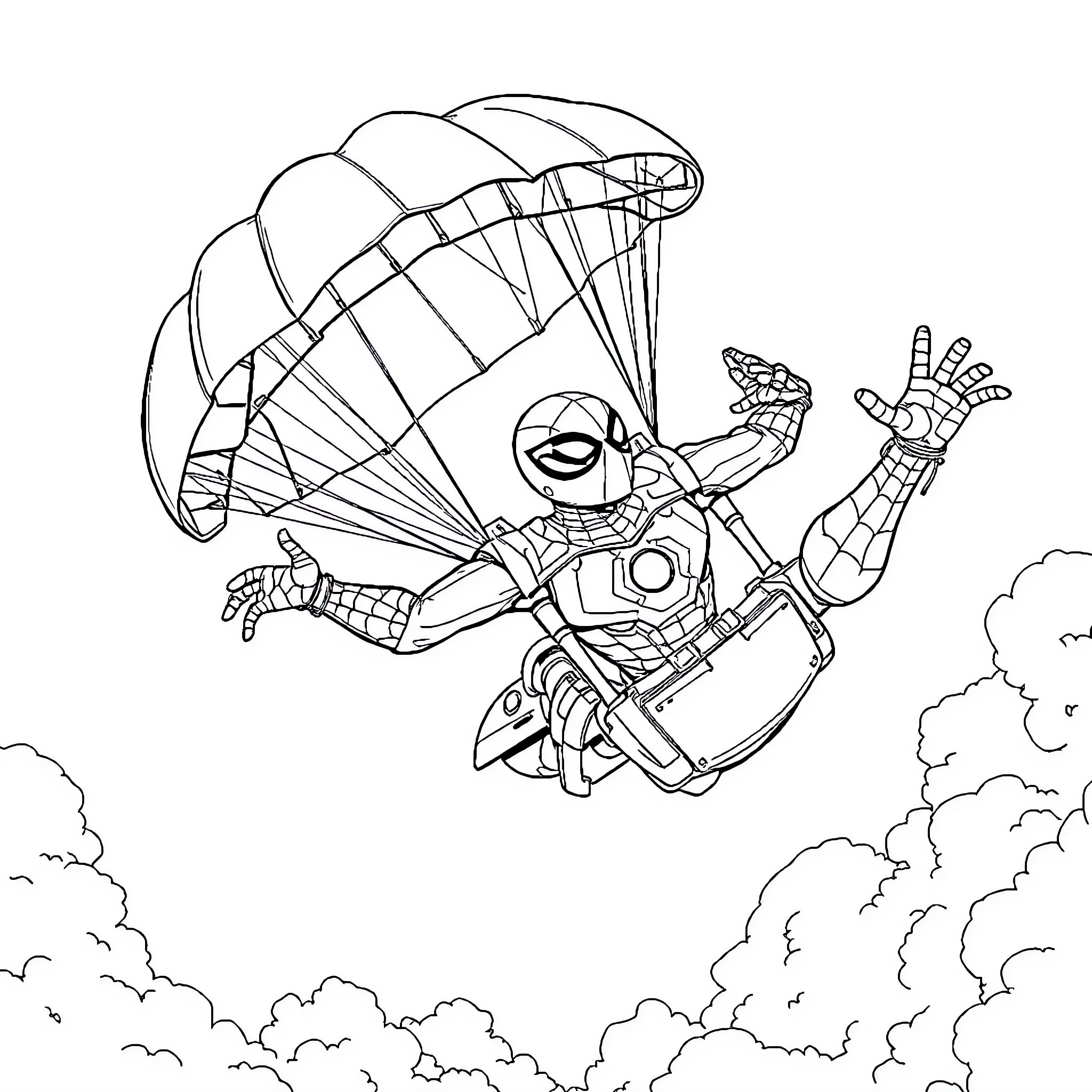Spidey soaring through the sky with parachute Coloring Page (free black-and-white line drawing printable PDF for all, from beginners to advanced learners, including children, teens, adults, and seniors)
