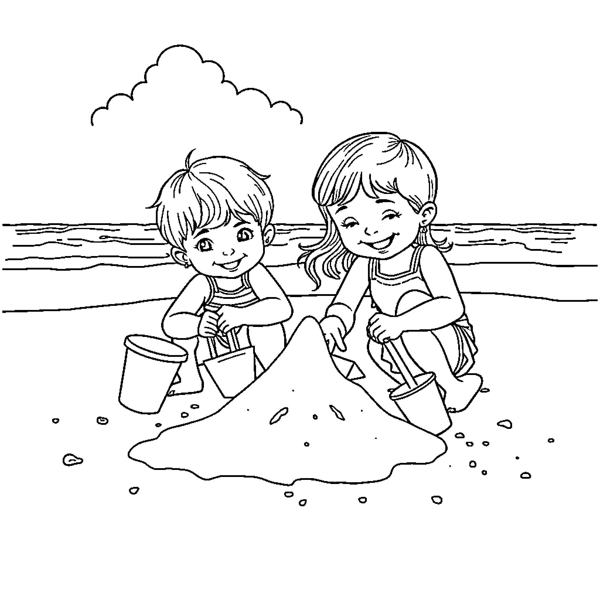 Child building a sandcastle at the beach Coloring Page (free black-and-white line drawing printable PDF for all, from beginners to advanced learners, including children, teens, adults, and seniors)