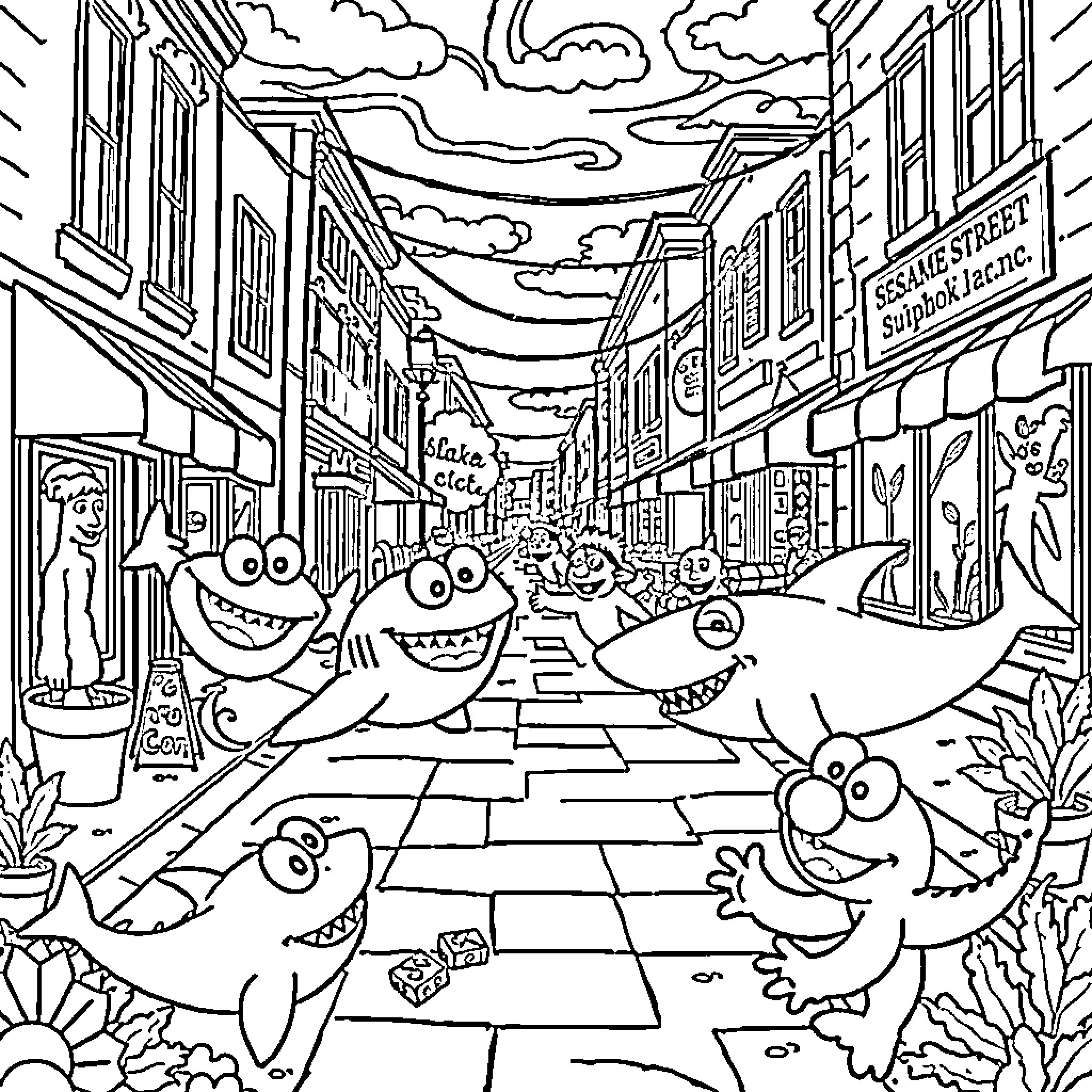 Shark-themed characters exploring busy city streets Coloring Page (free black-and-white line drawing printable PDF for all, from beginners to advanced learners, including children, teens, adults, and seniors)