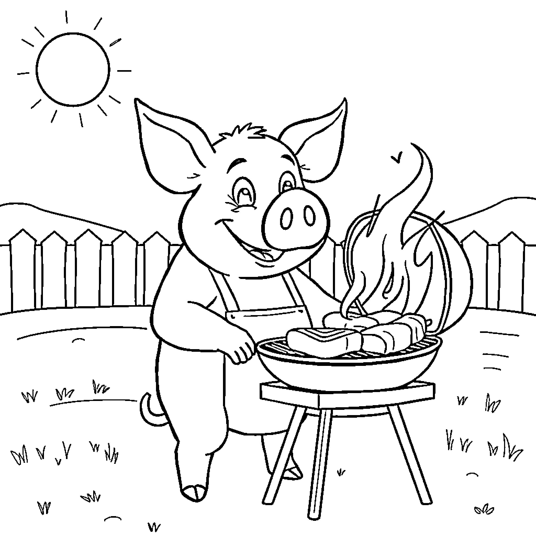 Pig grilling food happily in the backyard Coloring Page (free black-and-white line drawing printable PDF for all, from beginners to advanced learners, including children, teens, adults, and seniors)