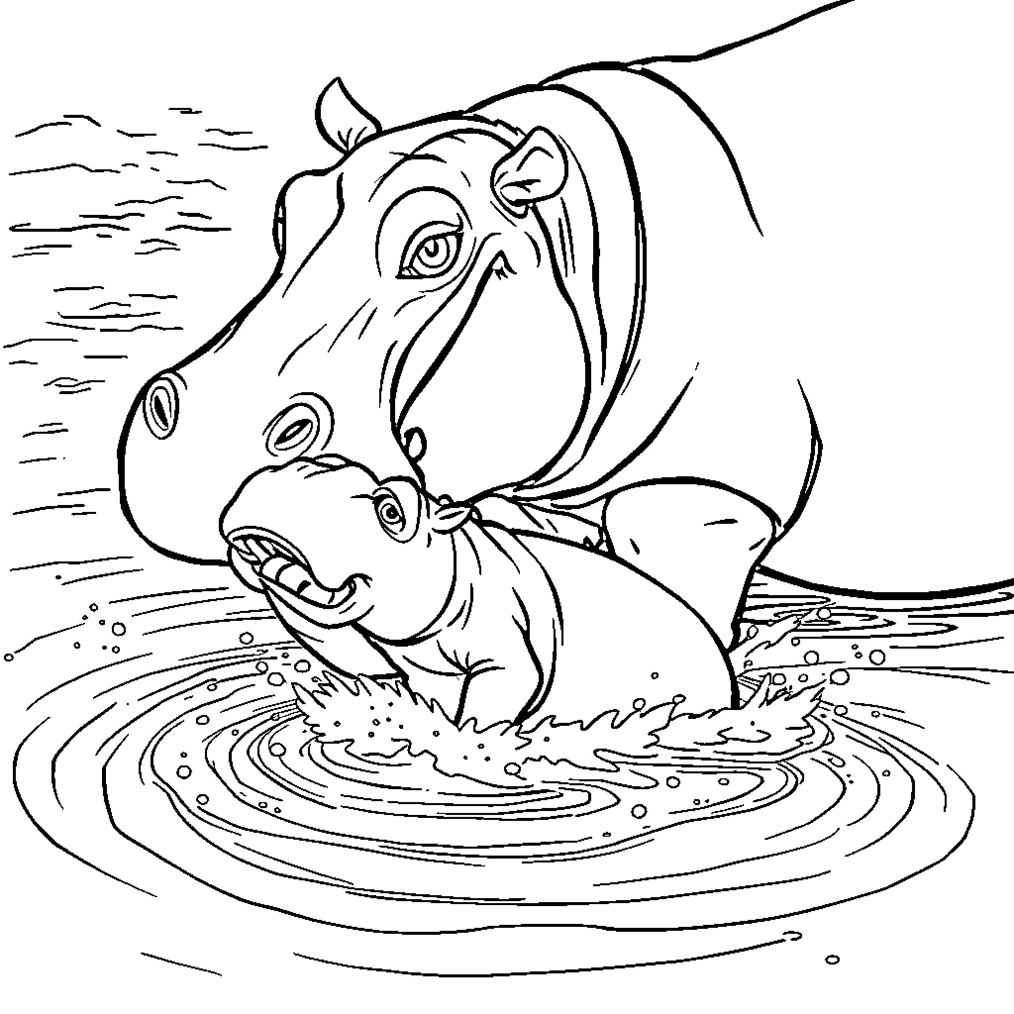 Hippo Enjoying a Splashy Swim Coloring Page (free black-and-white line drawing printable PDF for all, from beginners to advanced learners, including children, teens, adults, and seniors)