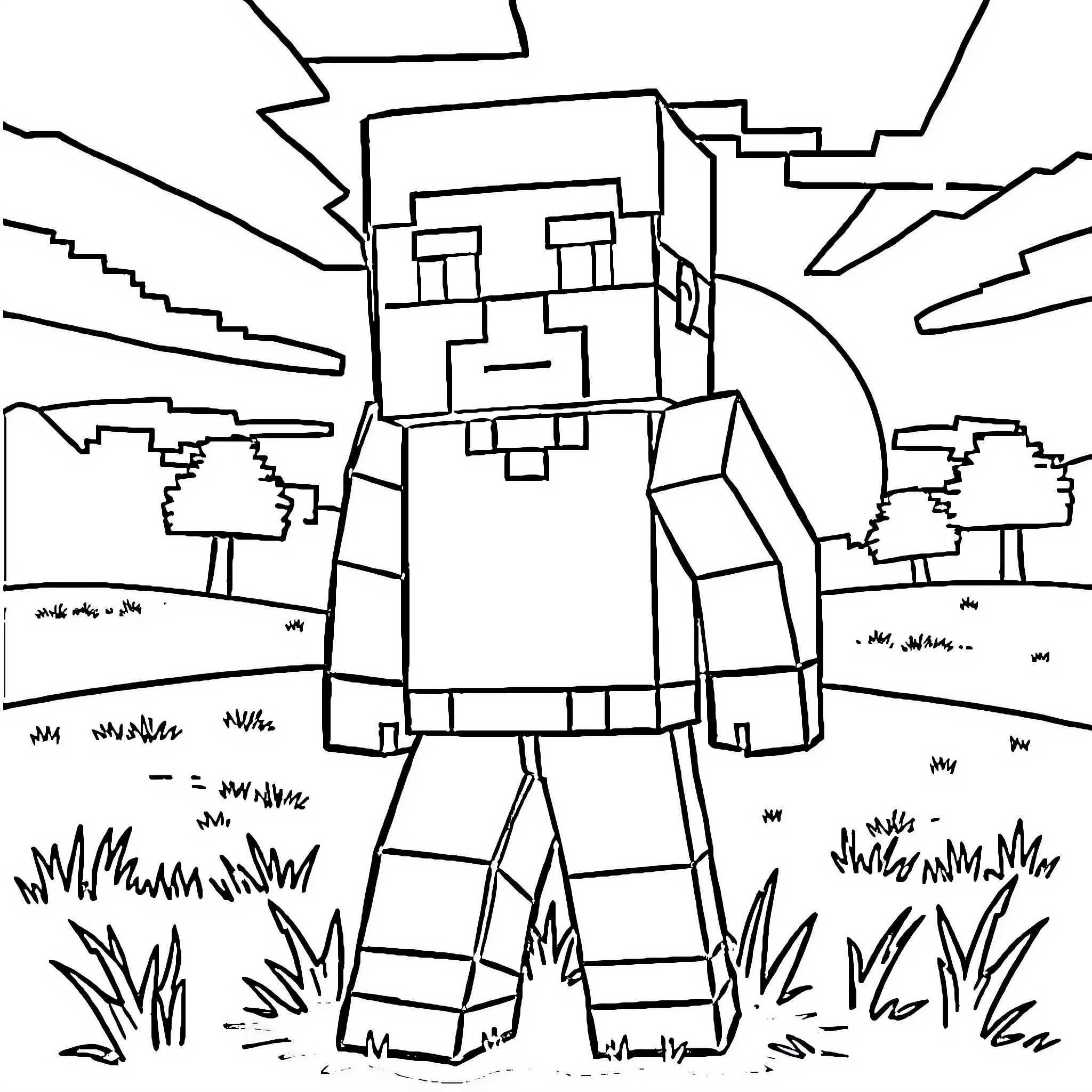 Steve exploring the world of Minecraft Coloring Page (free black-and-white line drawing printable PDF for all, from beginners to advanced learners, including children, teens, adults, and seniors)