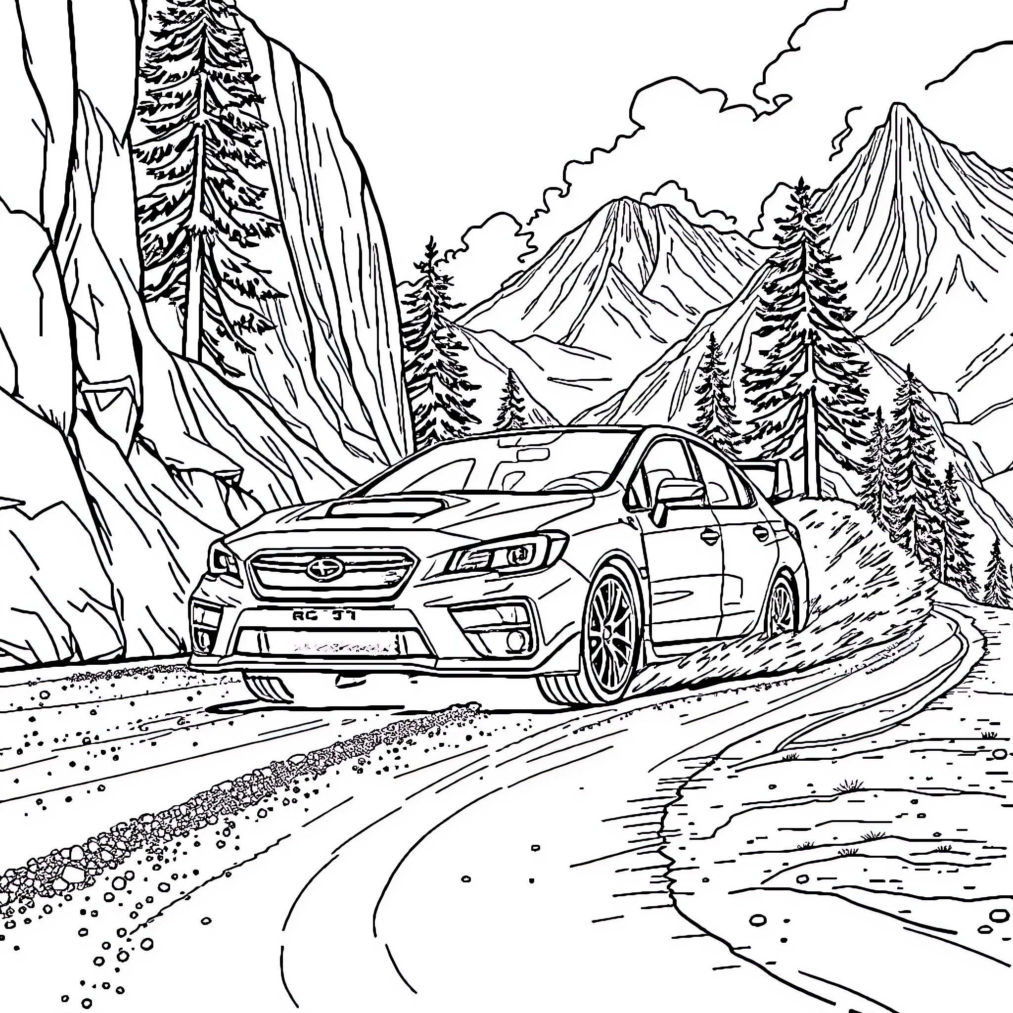Subaru car navigating through mountain landscape Coloring Page (free black-and-white line drawing printable PDF for all, from beginners to advanced learners, including children, teens, adults, and seniors)