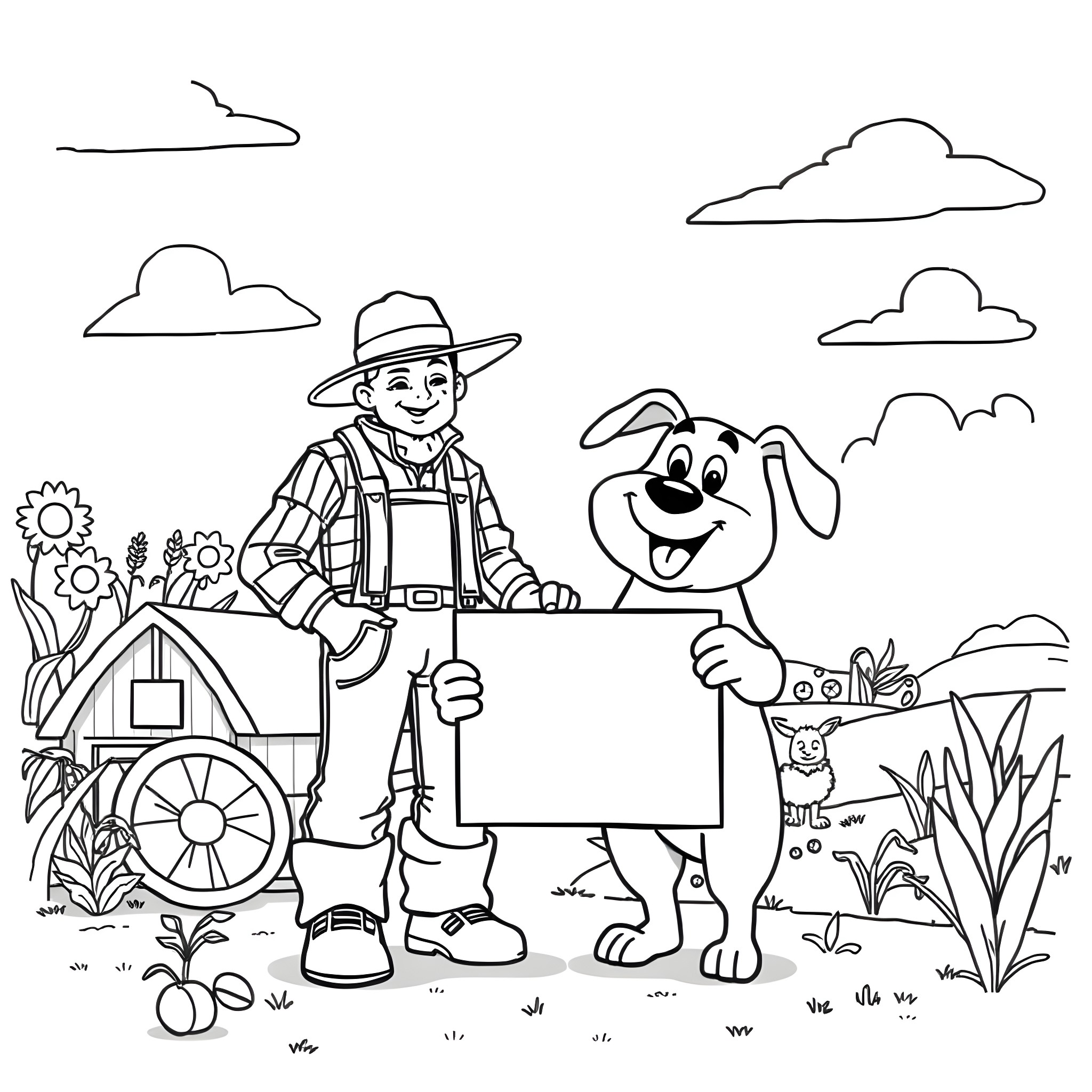 Dog and farmer with sign in countryside Coloring Page (free black-and-white line drawing printable PDF for all, from beginners to advanced learners, including children, teens, adults, and seniors)