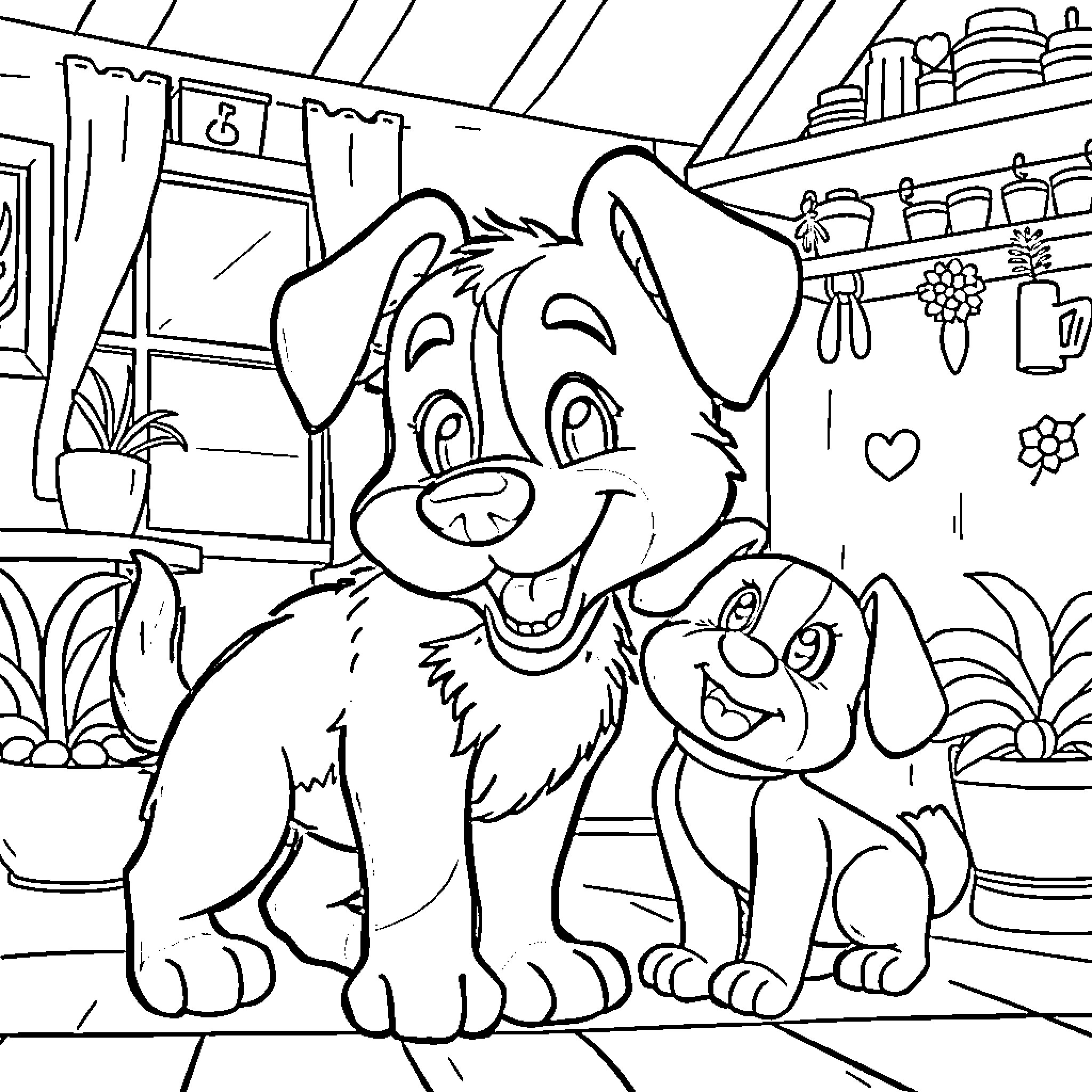 Bluey and her puppy friend explore a cozy home Coloring Page (free black-and-white line drawing printable PDF for all, from beginners to advanced learners, including children, teens, adults, and seniors)