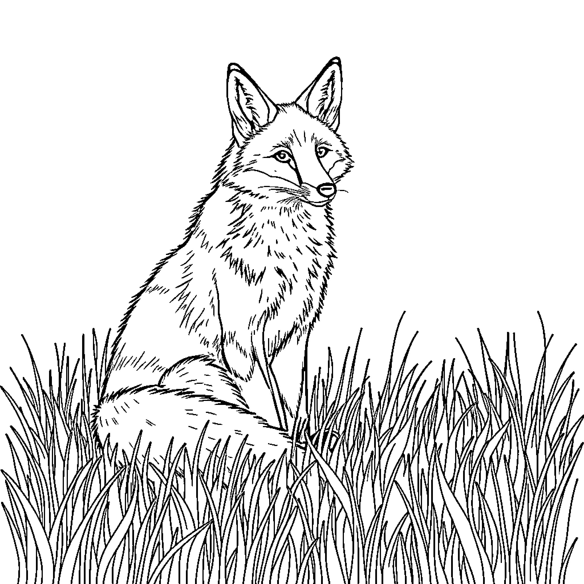 Fox sitting alert in grassy field Coloring Page (free black-and-white line drawing printable PDF for all, from beginners to advanced learners, including children, teens, adults, and seniors)