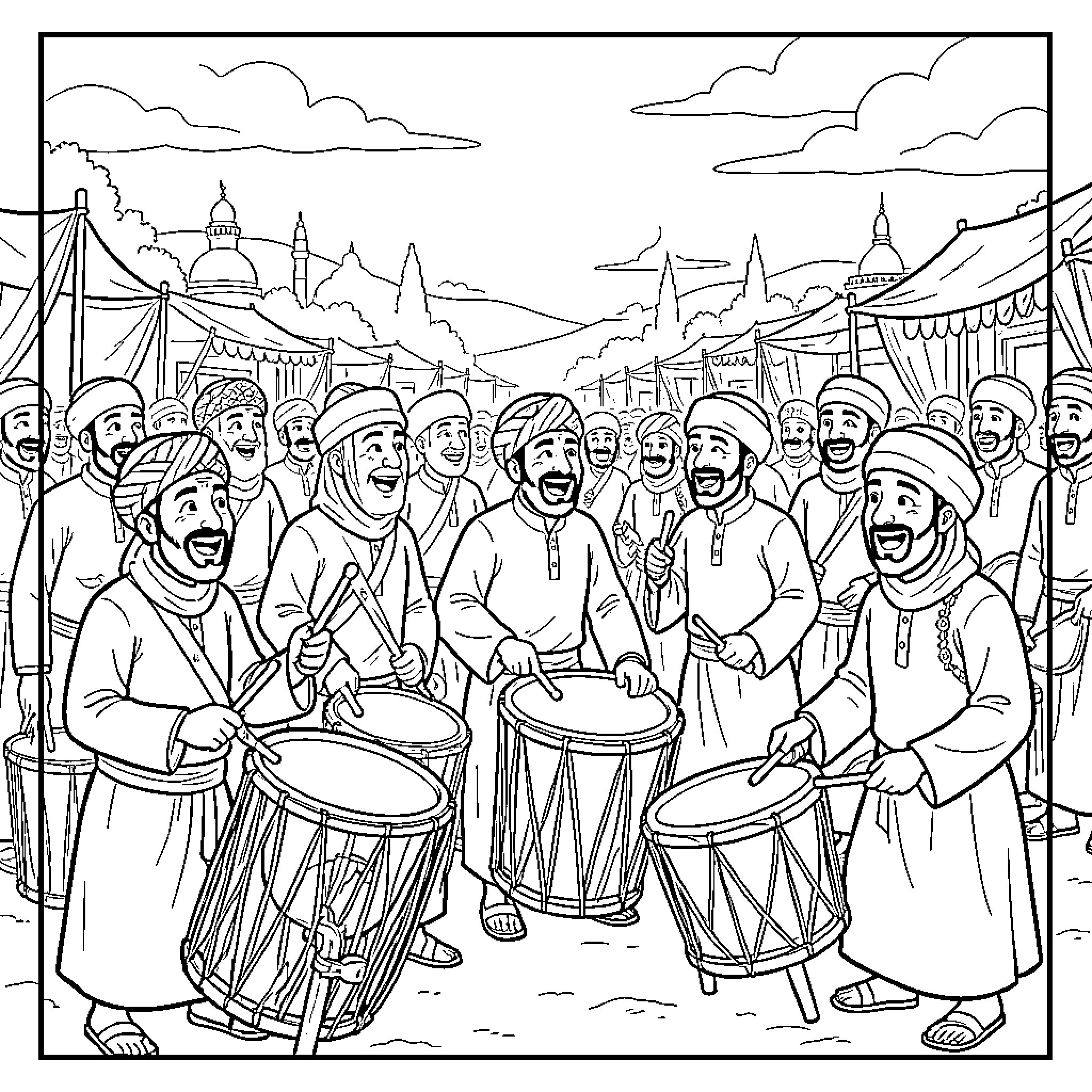 Tung Festival Parade with Vibrant Music and Celebrations Coloring Page (free black-and-white line drawing printable PDF for all, from beginners to advanced learners, including children, teens, adults, and seniors)
