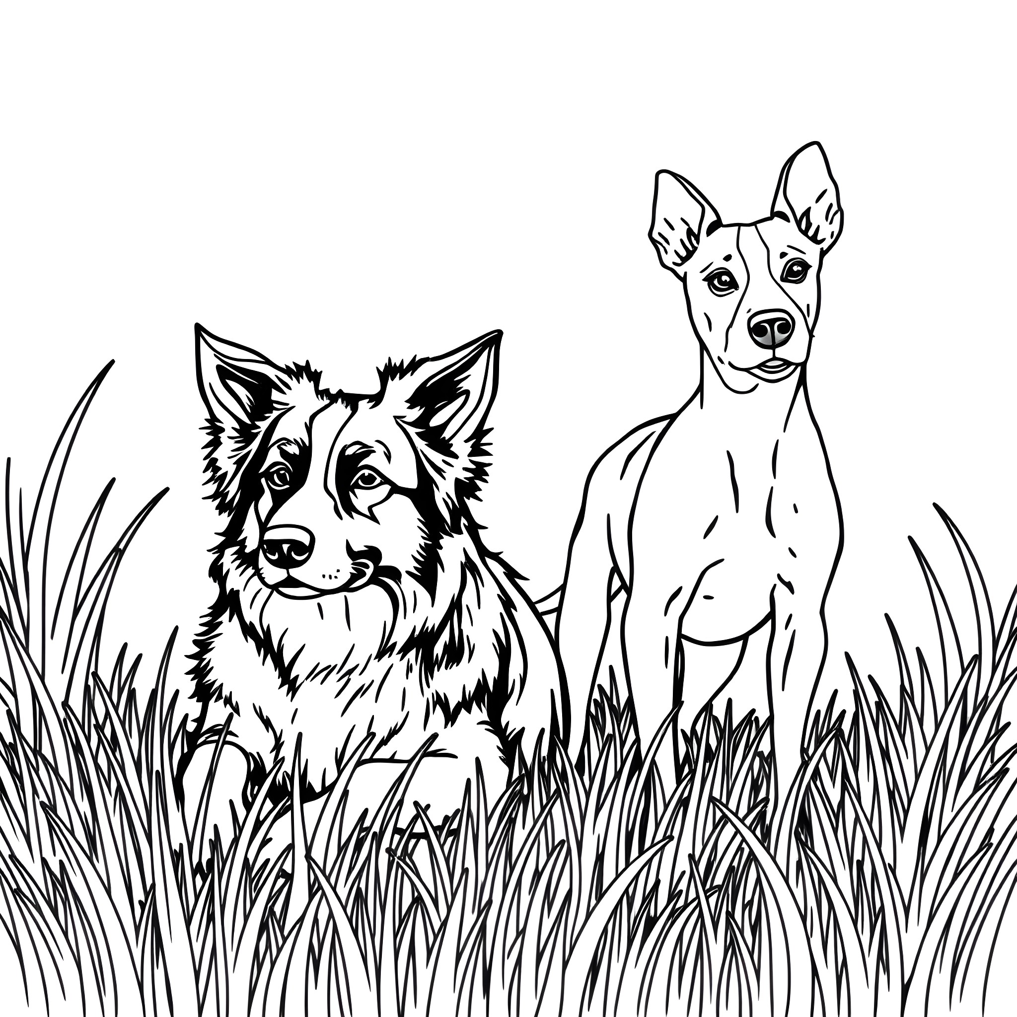 Dog companions enjoying the outdoors Coloring Page (free black-and-white line drawing printable PDF for all, from beginners to advanced learners, including children, teens, adults, and seniors)
