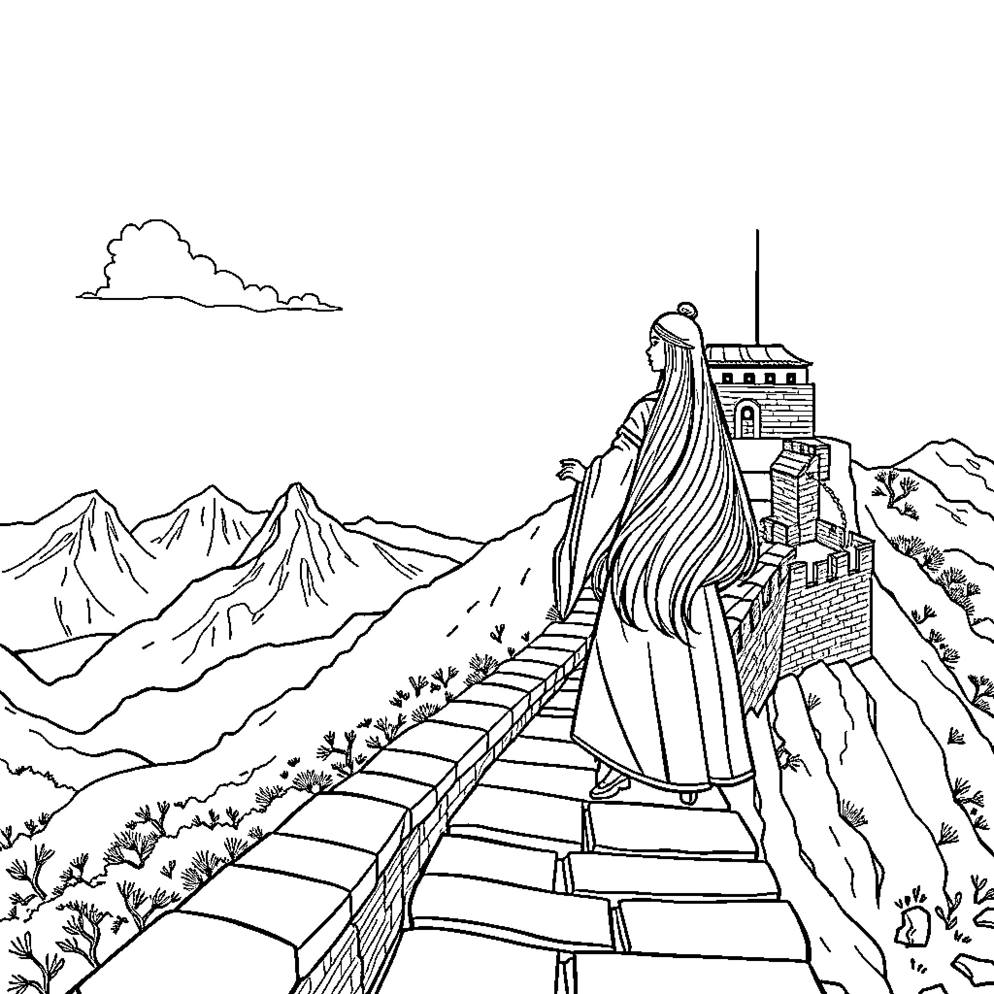 Mulan's Journey on the Great Wall of China Coloring Page (free black-and-white line drawing printable PDF for all, from beginners to advanced learners, including children, teens, adults, and seniors)