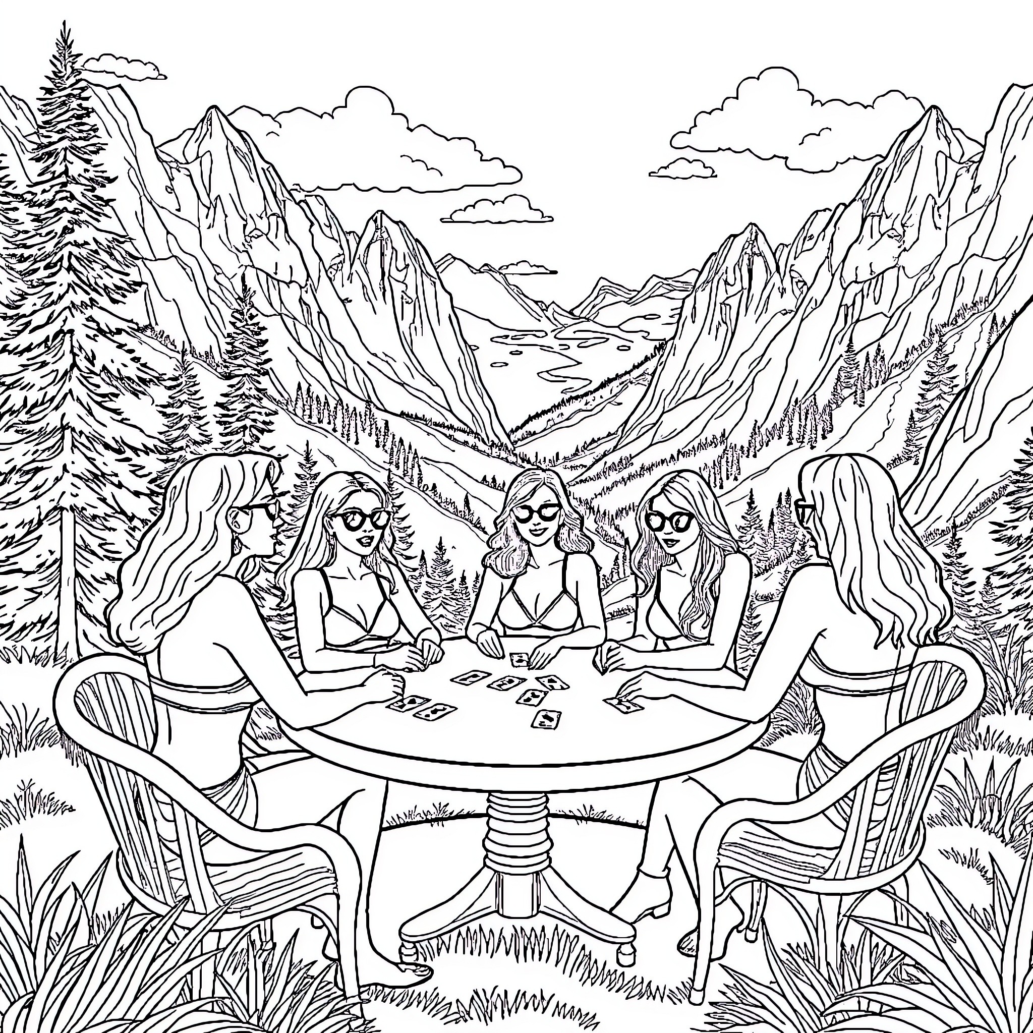 Women enjoying a conversation in the mountains Coloring Page (free black-and-white line drawing printable PDF for all, from beginners to advanced learners, including children, teens, adults, and seniors)