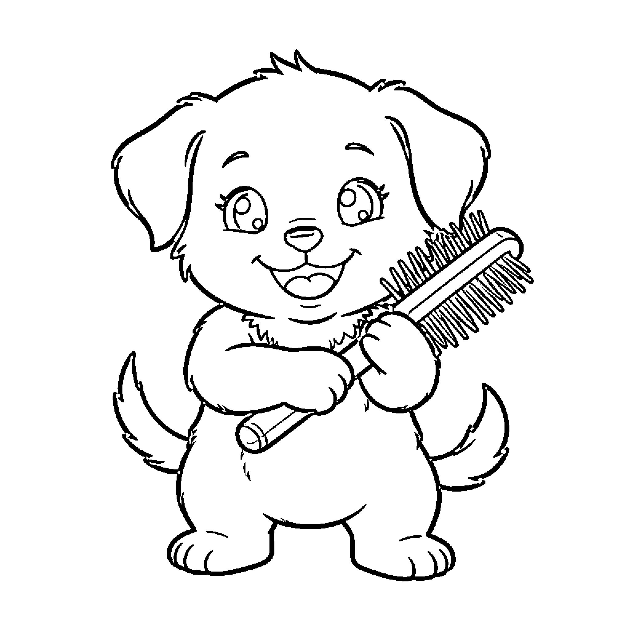 Perro grooming happily with comb Coloring Page (free black-and-white line drawing printable PDF for all, from beginners to advanced learners, including children, teens, adults, and seniors)