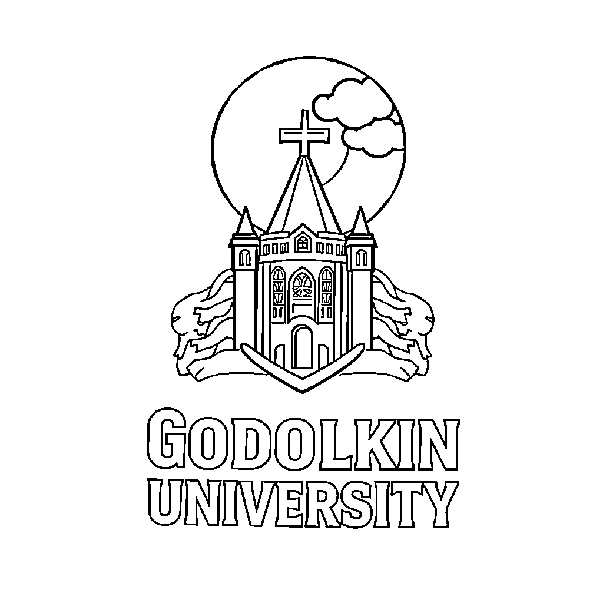Godolkin University Architectural Emblem Coloring Page (free black-and-white line drawing printable PDF for all, from beginners to advanced learners, including children, teens, adults, and seniors)