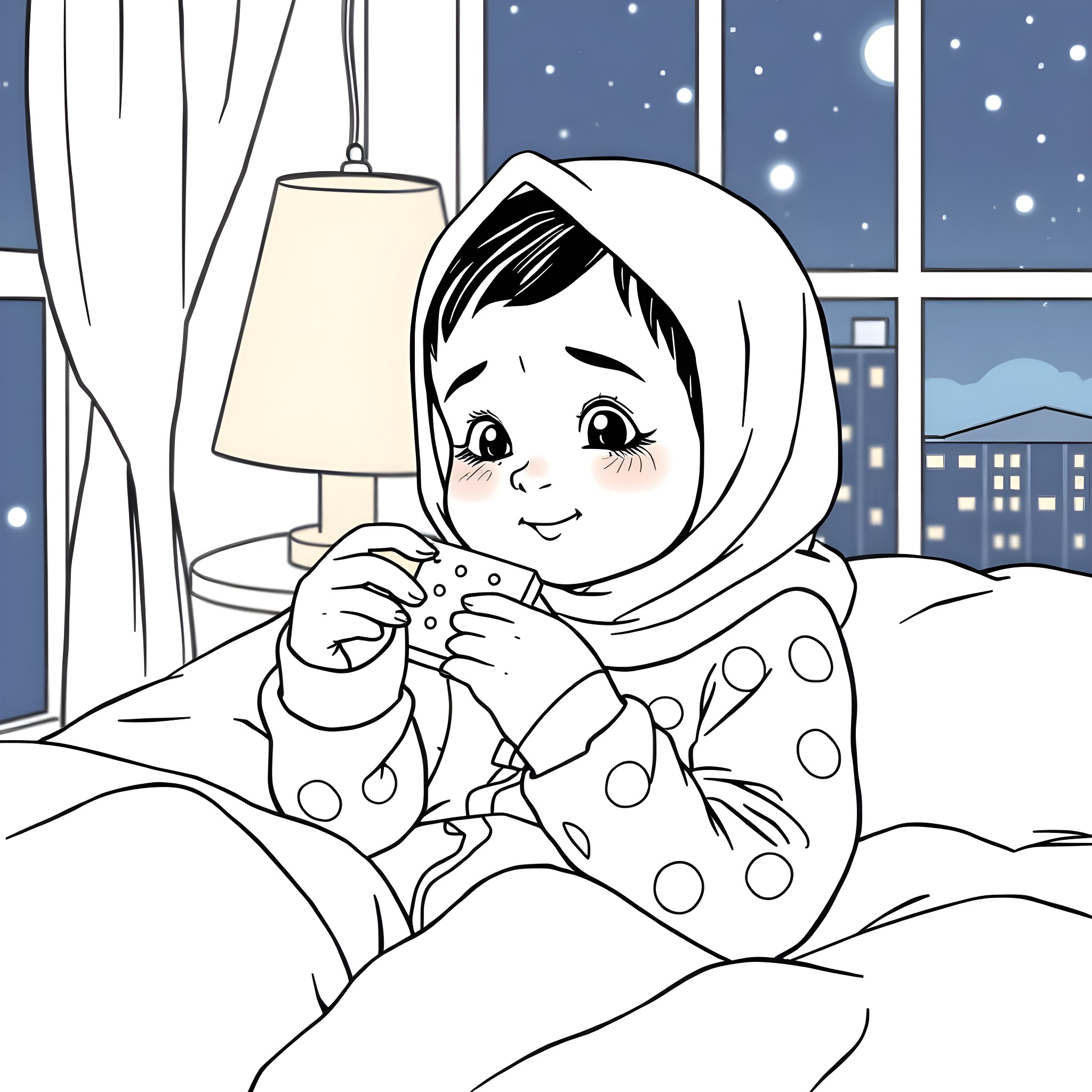 Daughter enjoying a warm beverage in cozy nightwear Coloring Page (free black-and-white line drawing printable PDF for all, from beginners to advanced learners, including children, teens, adults, and seniors)