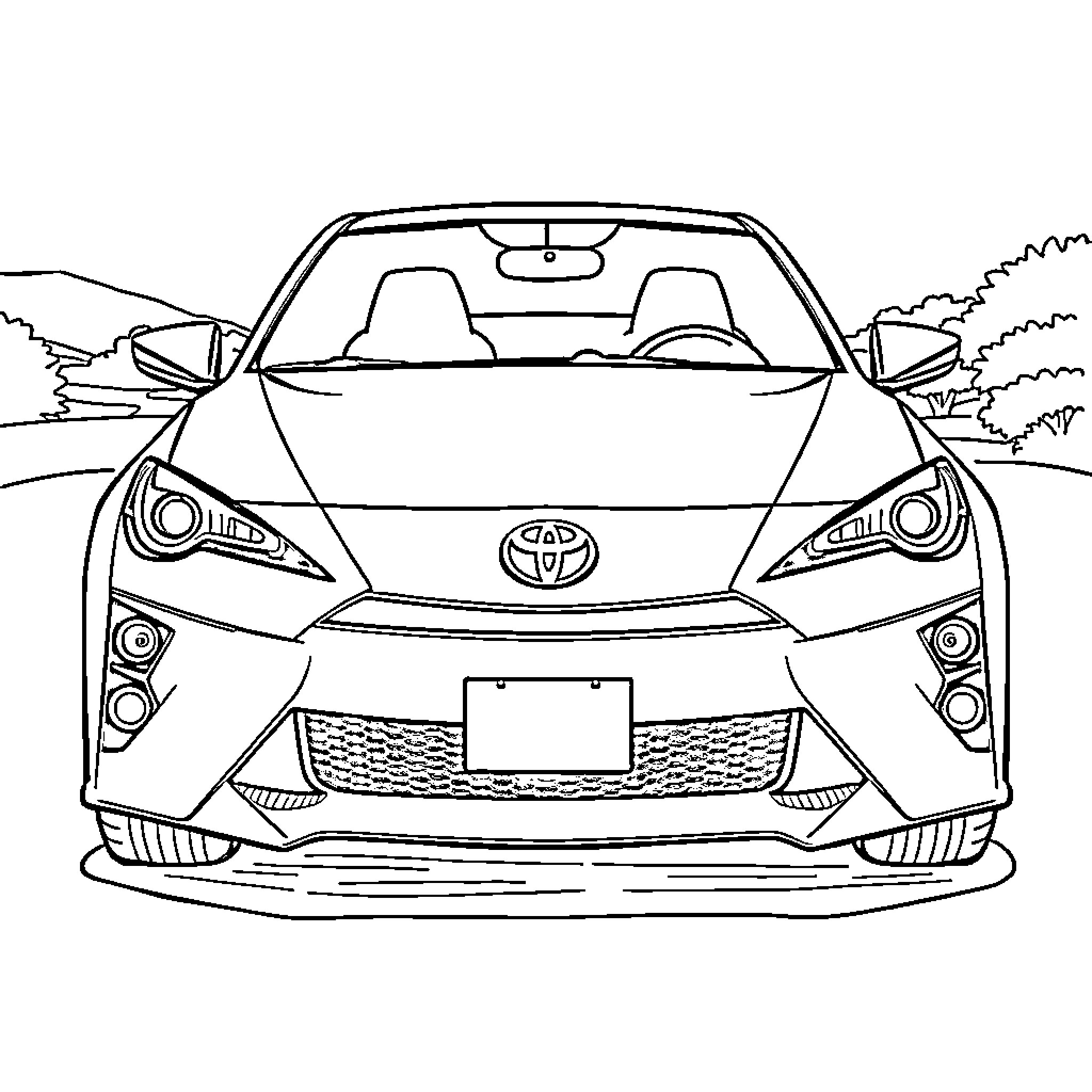 Toyota sports car in scenic outdoor setting Coloring Page (free black-and-white line drawing printable PDF for all, from beginners to advanced learners, including children, teens, adults, and seniors)