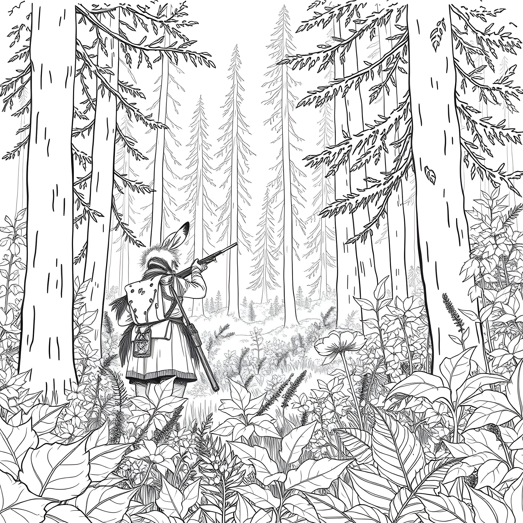 Cherokee Hunter Navigating the Lush Forest Landscape Coloring Page (free black-and-white line drawing printable PDF for all, from beginners to advanced learners, including children, teens, adults, and seniors)