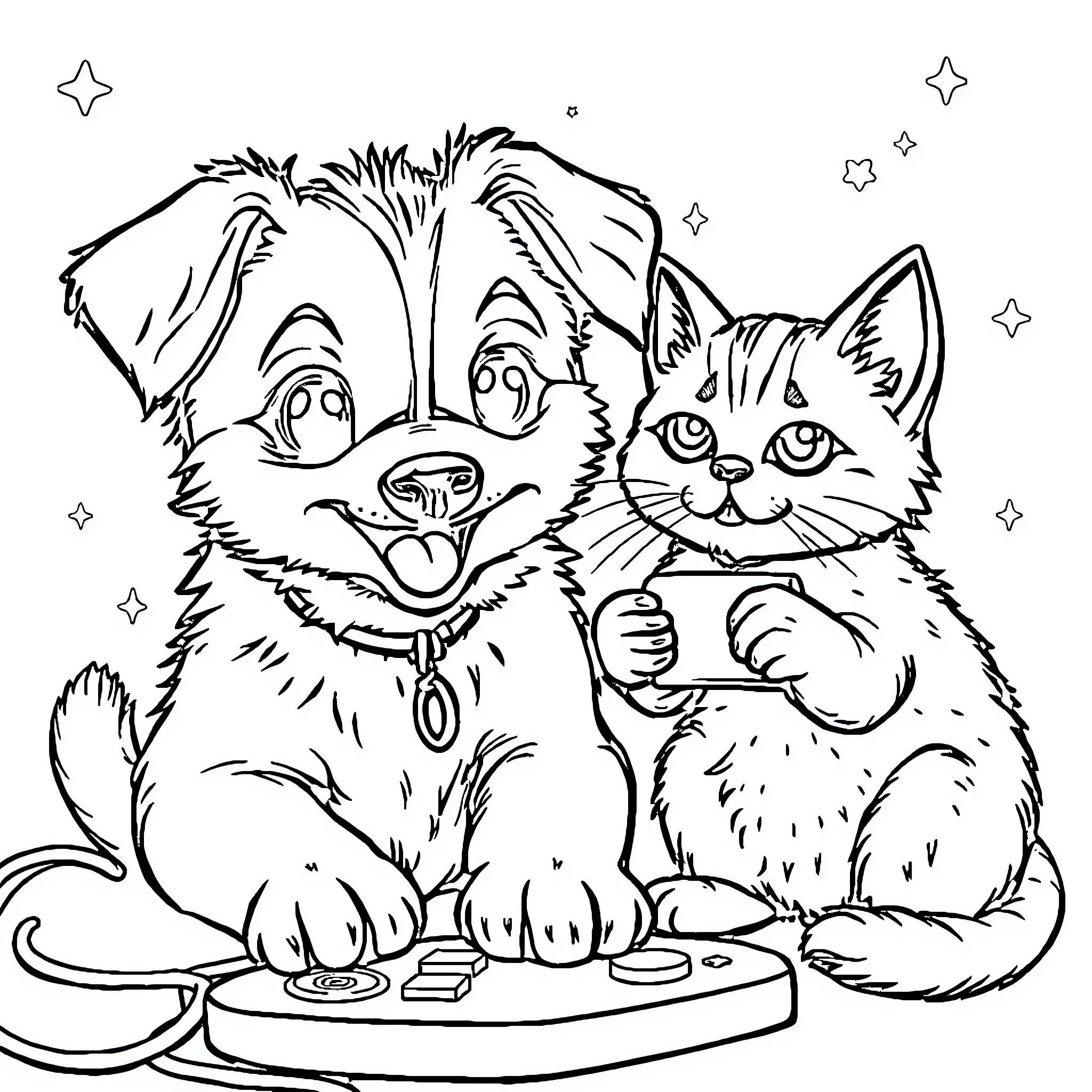 Dog and Cat Playing Together Happily Coloring Page (free black-and-white line drawing printable PDF for all, from beginners to advanced learners, including children, teens, adults, and seniors)