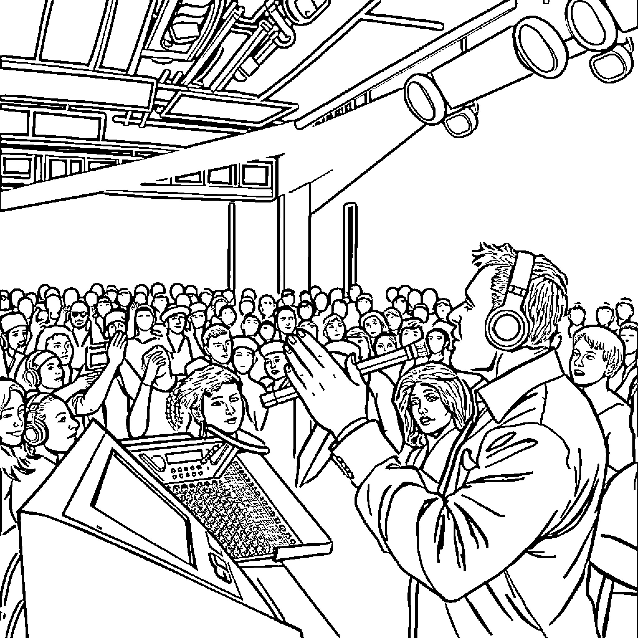Sound Engineer at work in a crowded recording studio Coloring Page (free black-and-white line drawing printable PDF for all, from beginners to advanced learners, including children, teens, adults, and seniors)