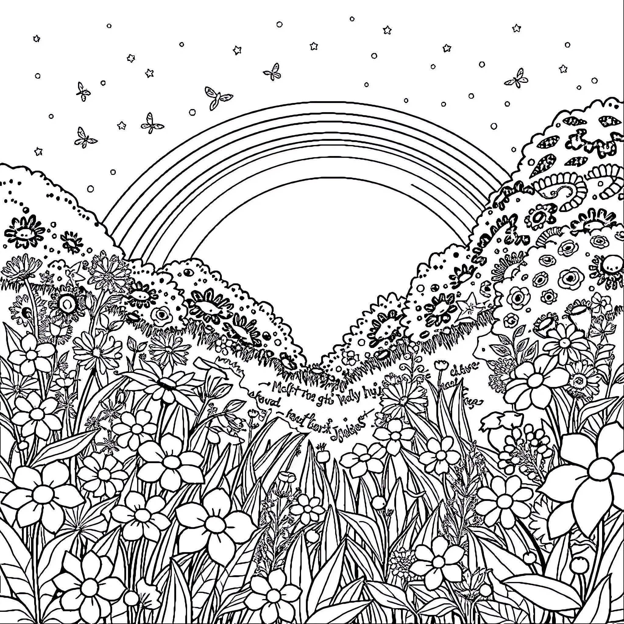 Garden of Vibrant Floral Abundance and Whimsical Butterflies Coloring Page (free black-and-white line drawing printable PDF for all, from beginners to advanced learners, including children, teens, adults, and seniors)