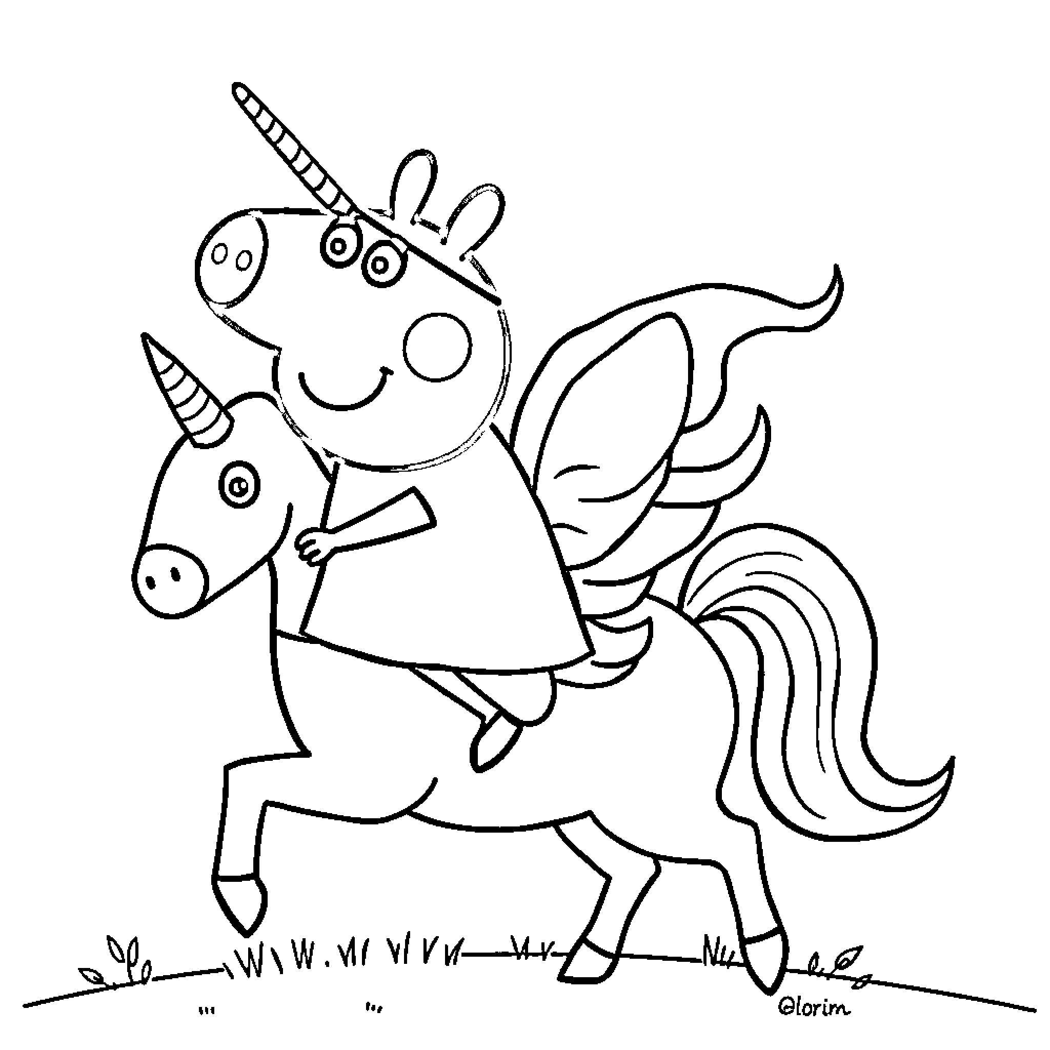 Peppa Pig riding a unicorn in a field Coloring Page (free black-and-white line drawing printable PDF for all, from beginners to advanced learners, including children, teens, adults, and seniors)