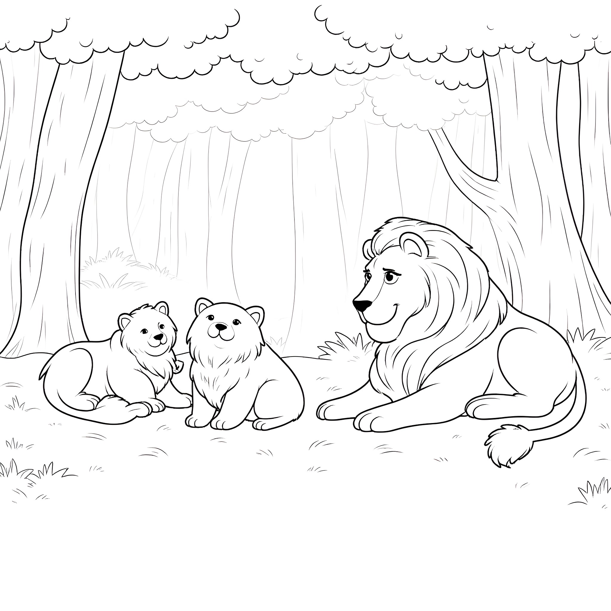 Cat family in the forest Coloring Page (free black-and-white line drawing printable PDF for all, from beginners to advanced learners, including children, teens, adults, and seniors)