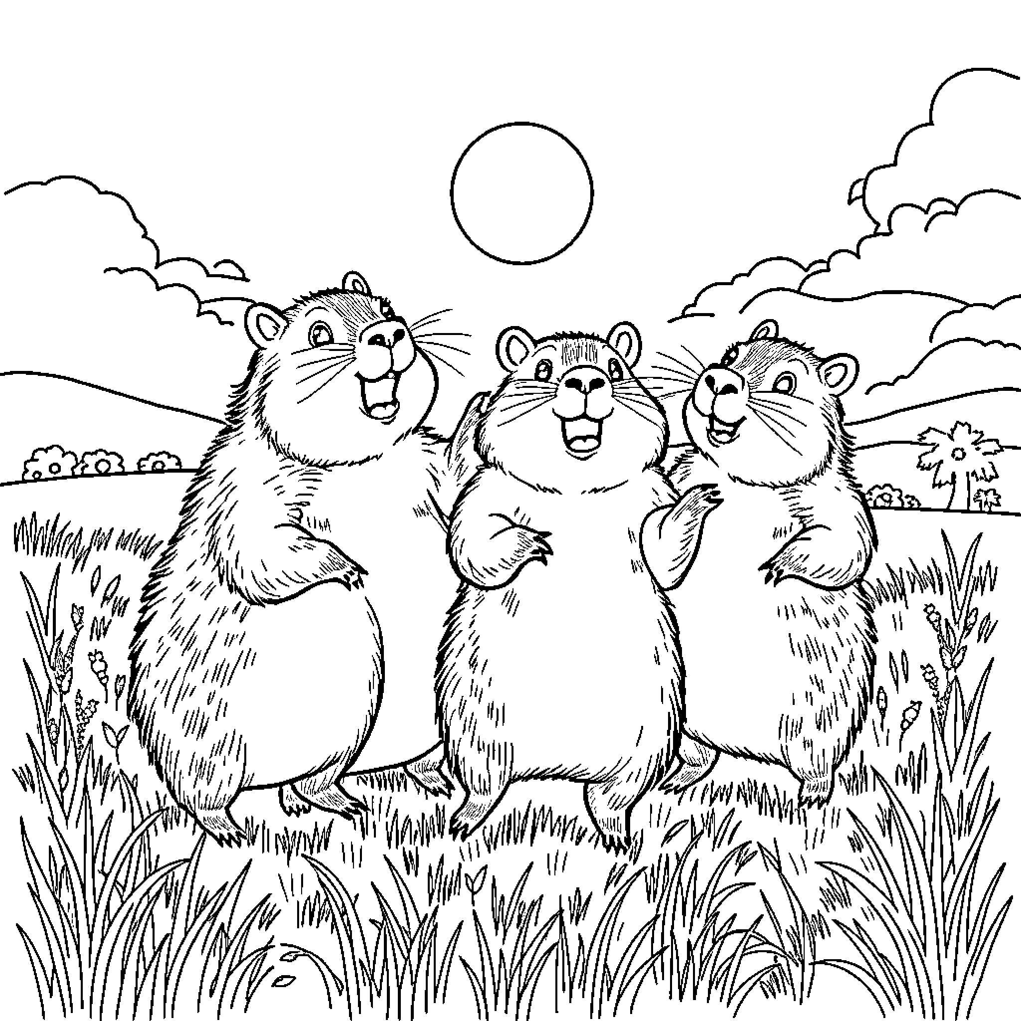 Capybaras Enjoying the Outdoors Coloring Page (free black-and-white line drawing printable PDF for all, from beginners to advanced learners, including children, teens, adults, and seniors)